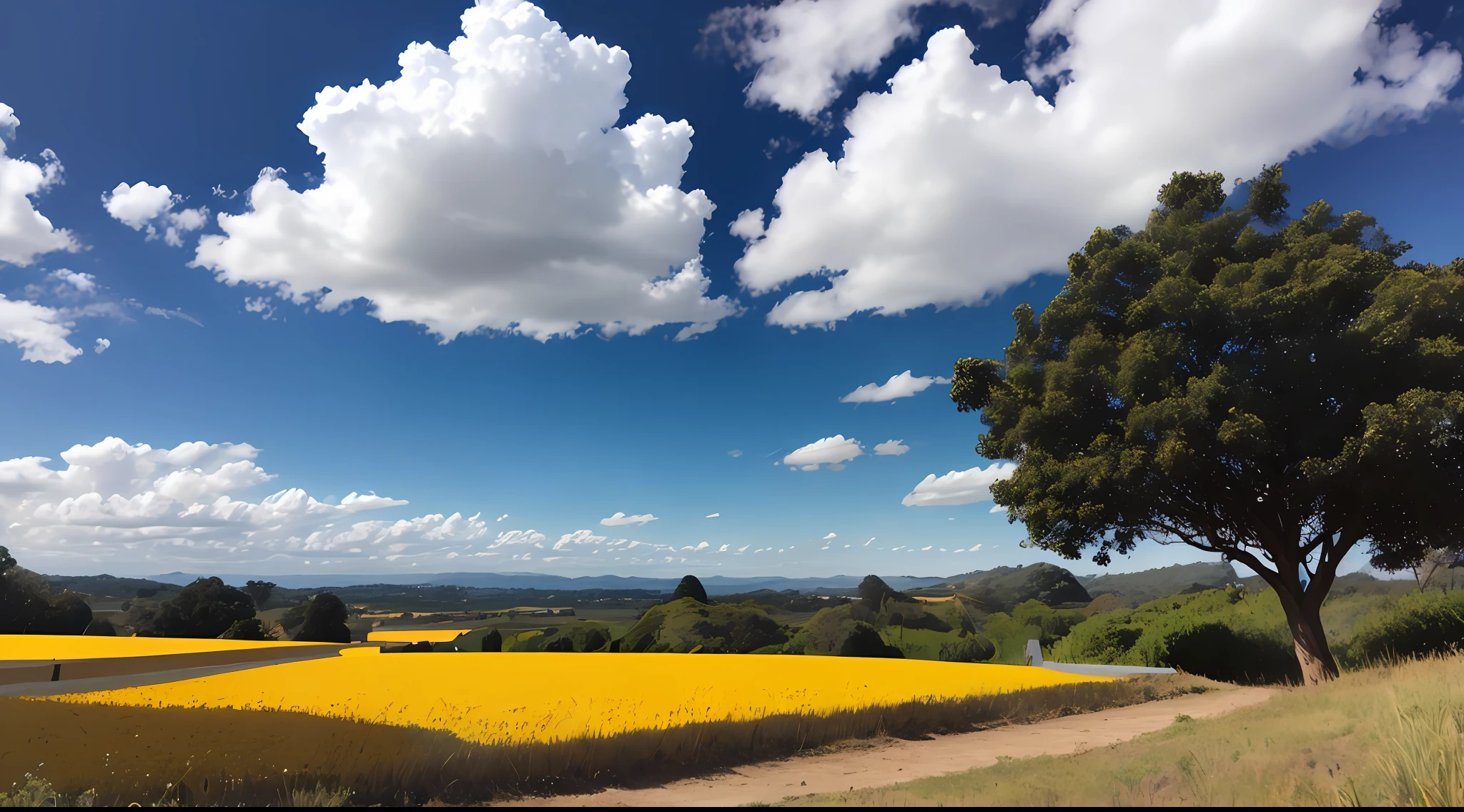 dark blue skies, nuvens brancas com cinza,sol brilhante amarelo, sem casas, sem seres humanos, sem arvores e gramados