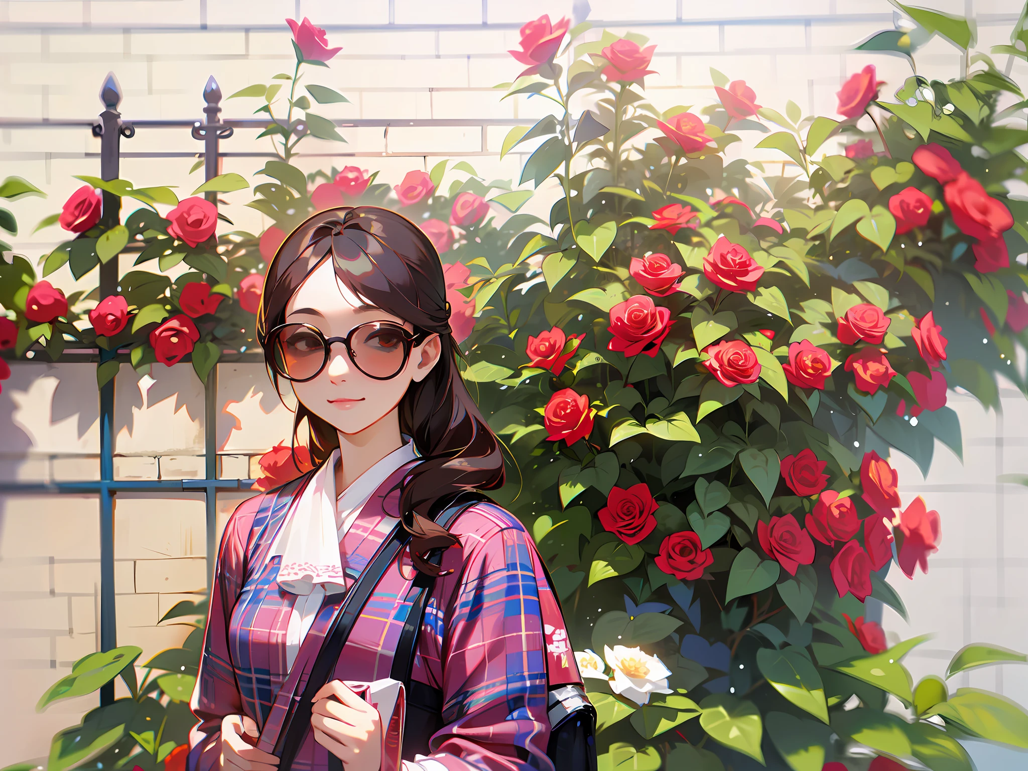 young pretty chinese woman in plaid shirt wearing sunglasses standing in front of a rose bush, woman with rose tinted glasses, long wavy black brown hair, photo taken with canon 5d, with flowers, in sunny weather, taken with canon eos 5 d, rose garden, standing in the rose garden, with sunglass, red roses, roses