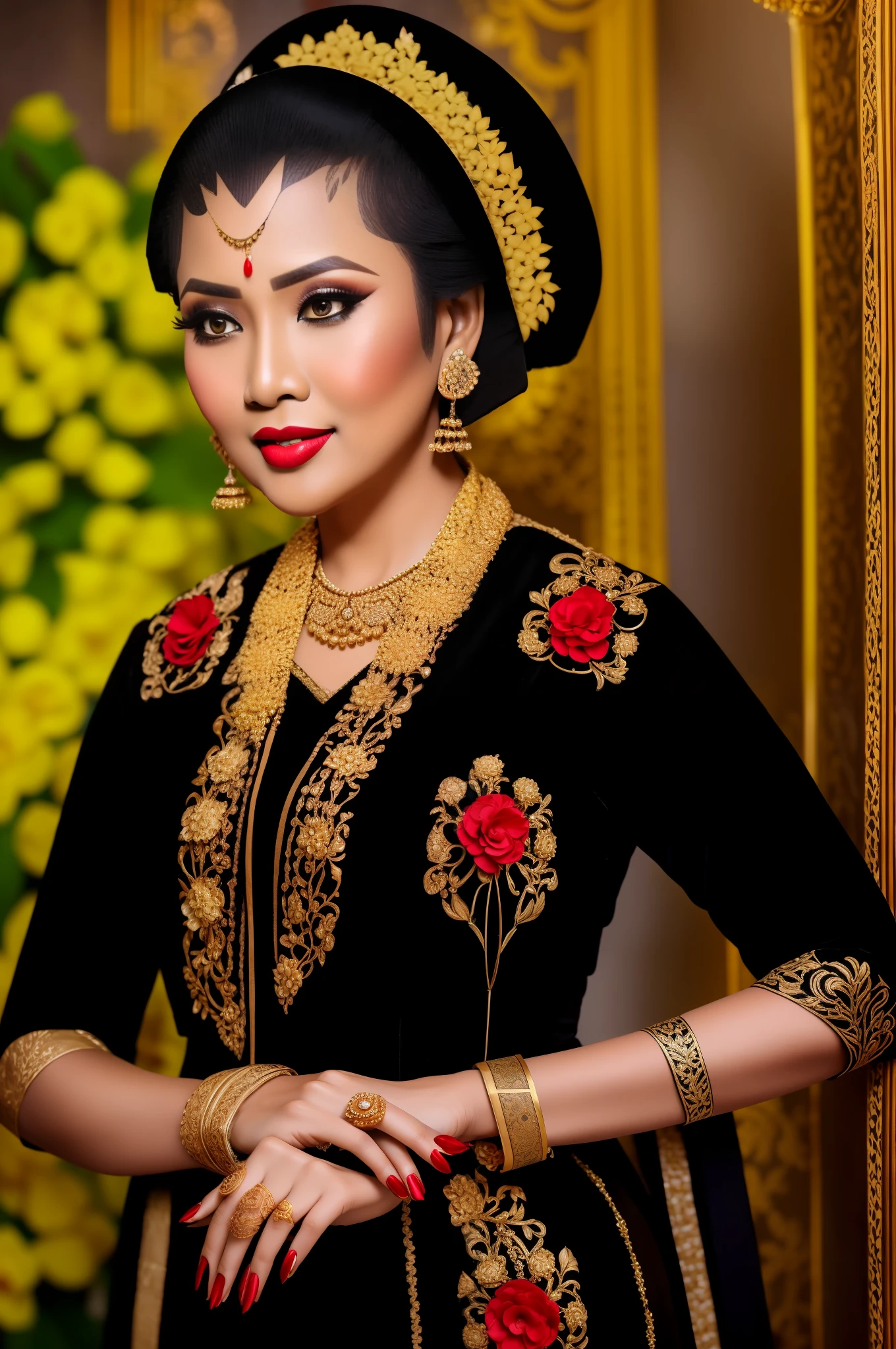 photography, woman,  portrait of java wedding woman in black long kebaya dress traditional, red lipstick, golden necklace, earrings, ornate, detail, flowers, looking at viewer,