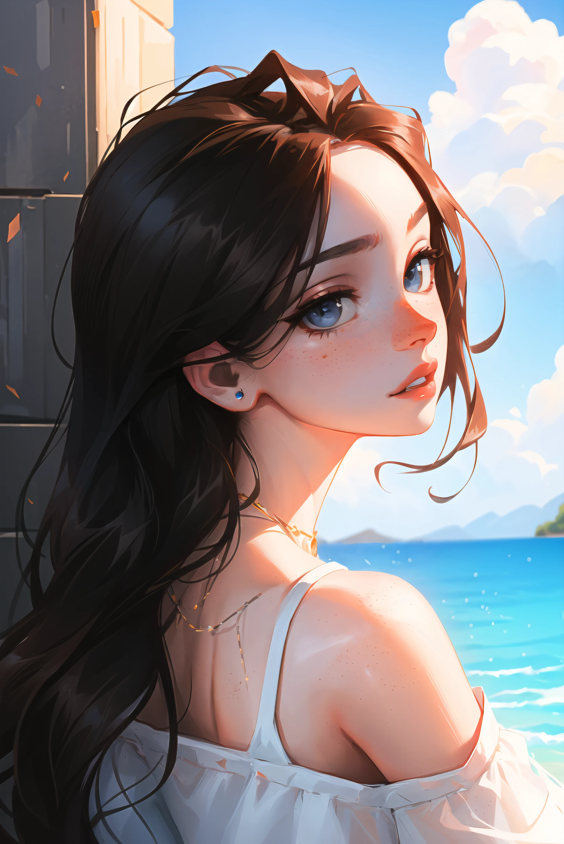 sam yang,

1girl, back, bare shoulders, blue eyes, brown hair, earrings, freckles, jewelry, lips, long hair, looking at viewer, looking back, necklace, off shoulder, parted lips, portrait, day, depth of field, solo

, ((masterpiece))