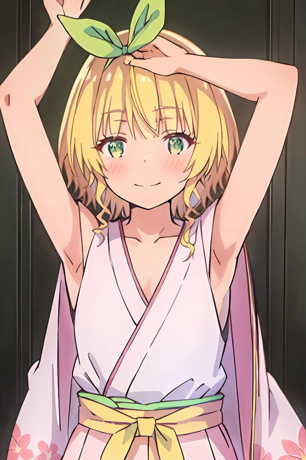 masterpiece, best quality, koga yuika, 1girl, japanese clothes, kimono, blonde hair, smile, blush, green hair ribbon, closed mouth, green eyes, short hair, bangs, ribbon, hair ornament, hair ribbon, collar, looking at viewer, hairband, solo, upper body, long sleeves, print kimono, wide sleeves,, presenting armpit, nipples, arm up, armpits