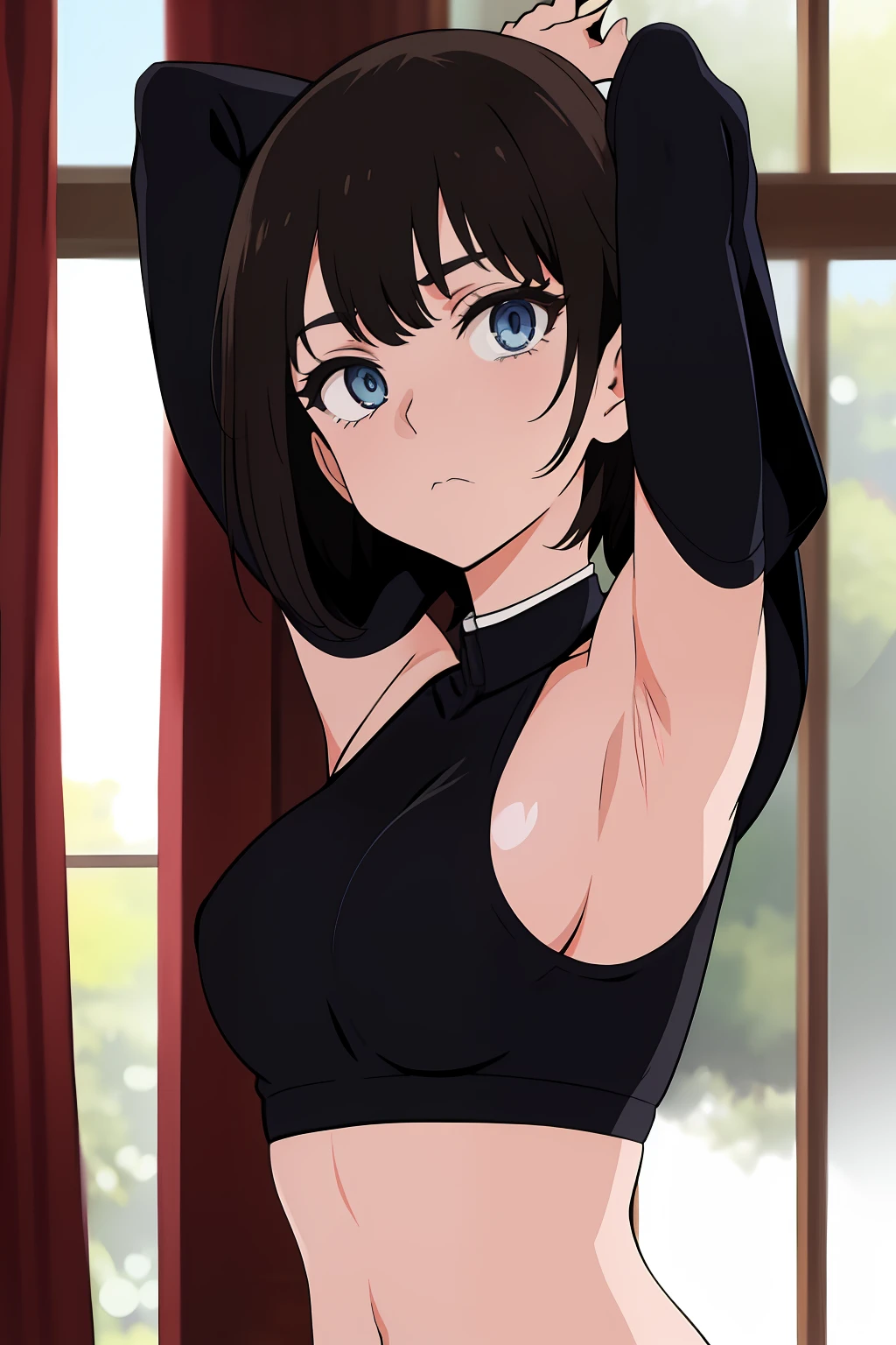 rurikawa tsubaki, 1girl, solo, sport bra, spat, breasts, looking at viewer, short hair, bangs, blue eyes, brown hair, black hair, closed mouth, upper body, medium hair, expressionless, indoor, presenting armpit, , arm up,