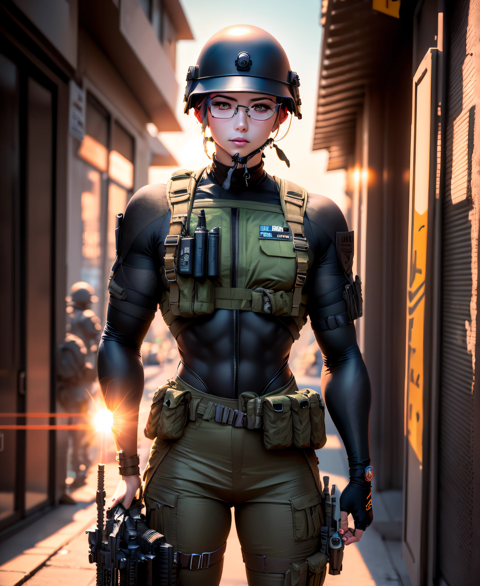 um soldado, segurando uma arma, (rifle:1.2), cabelo preto raspado, ((tactical glasses)), ((tactical helmet)), (foto realista ultra detalhado:1.2) ao ar livre, em rua de mega cidade, (8k, Foto RAW, best quality, master part:1.2), Background with ultra high resolution sunset, luzes traseiras, vazamentos de luz.