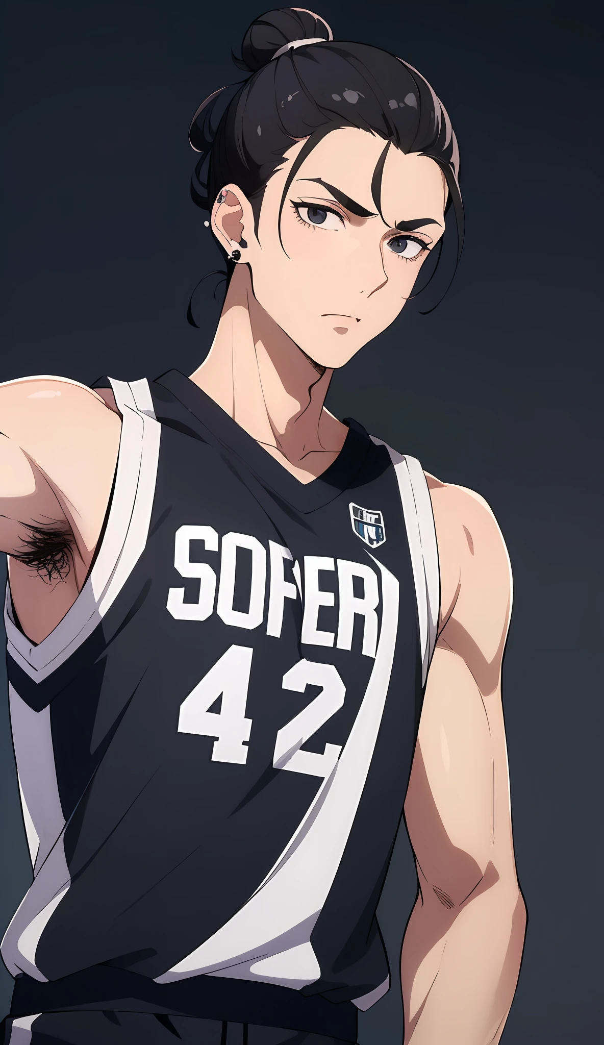 ((masterpiece)), (((best quality))), (super detail) expressive eyes, perfect face, (1man), man, lazy eye, confused, normal skin, wearing basketball uniform, black eyes, ear piercing, man bun black hair, hand raised, arm slightly bent at the elbow, without background (medium shot body)