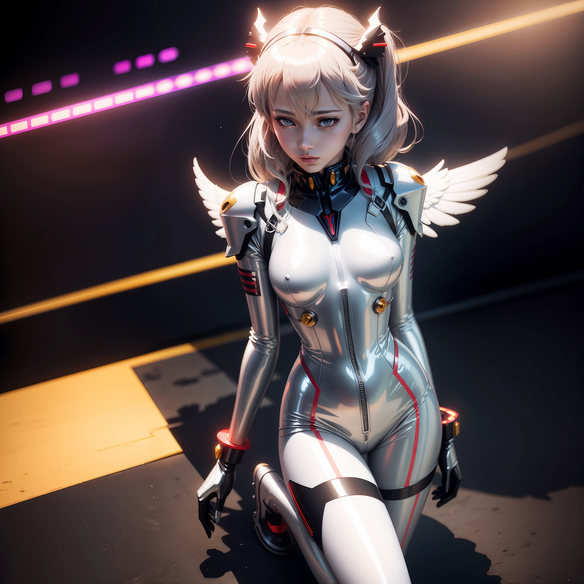 King Ayanami Evangelion her outfit is a shiny latex with shiny metallic look she has angel wings sunshine and particles pass between her and her shadow has sad look realistic style hd hq 4k 8k