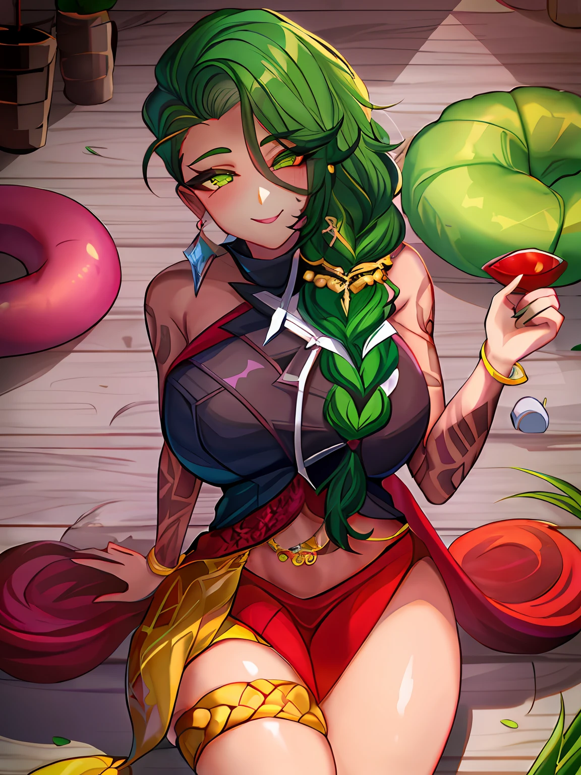 com roupa de coelho, heaven, campo, grama, samira \(League of Legends\), League of Legends, 1girl, joias, tatuagem, tapa-olho, brincos, olhos verdes, pigtail, cabelo longo, pele escura, luvas, armadura, umbigo, pulseira, labia, cabelo sobre o ombro, sorriso, olhando para o espectador, arm tattoo.