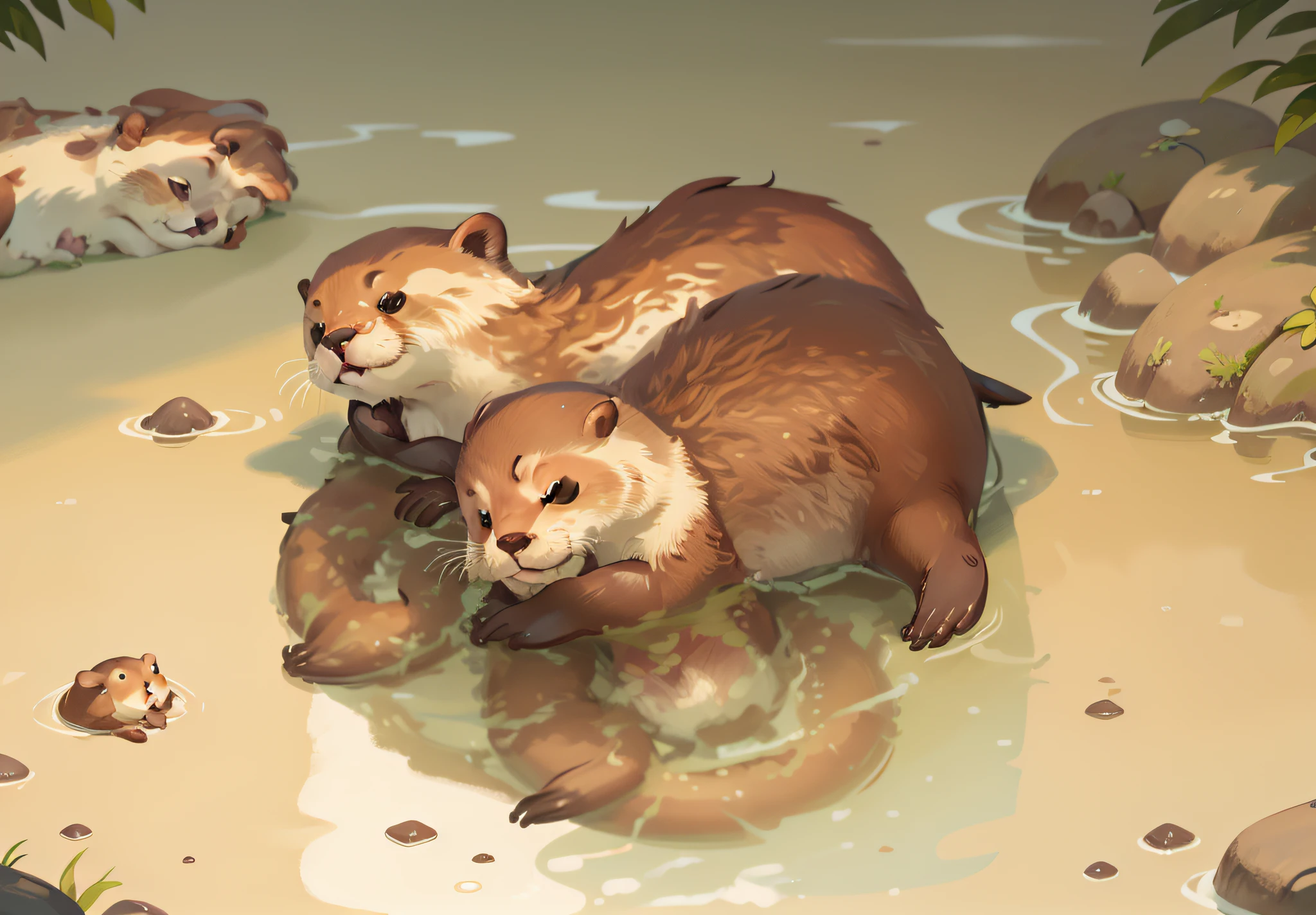 Two otters,Go to bed,Two otters lying together。Otter interaction