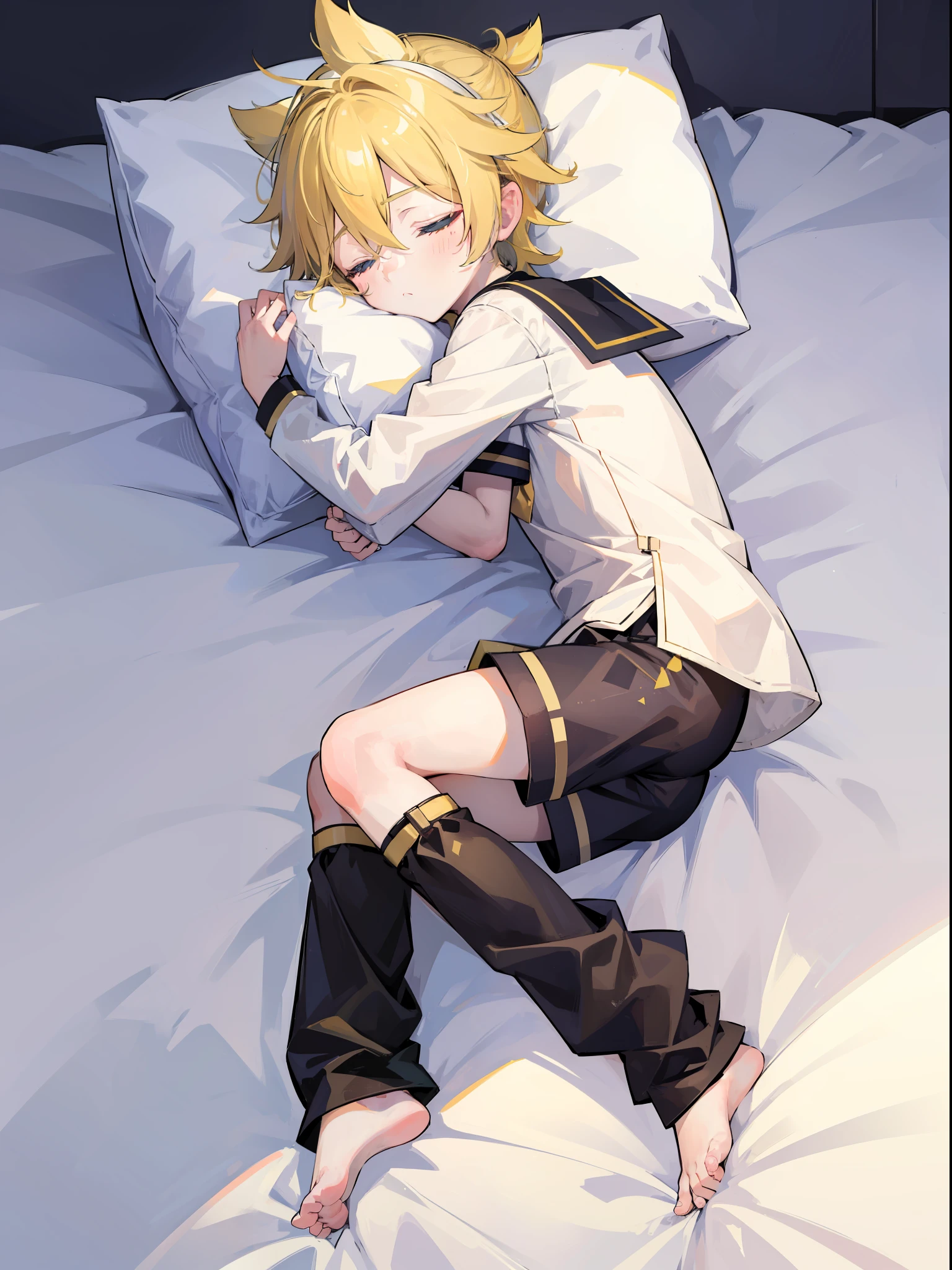 best quality, ultra precision, one boy, (Len_Kagamine), blond hair, shota, cowlick, on bed, lying on bed, character focus, black short pants, sailor uniform, your cute boyfriend, innocent, close eyes, sleeping, sleep peacefully, cute sleeping face, hold pillow, full body