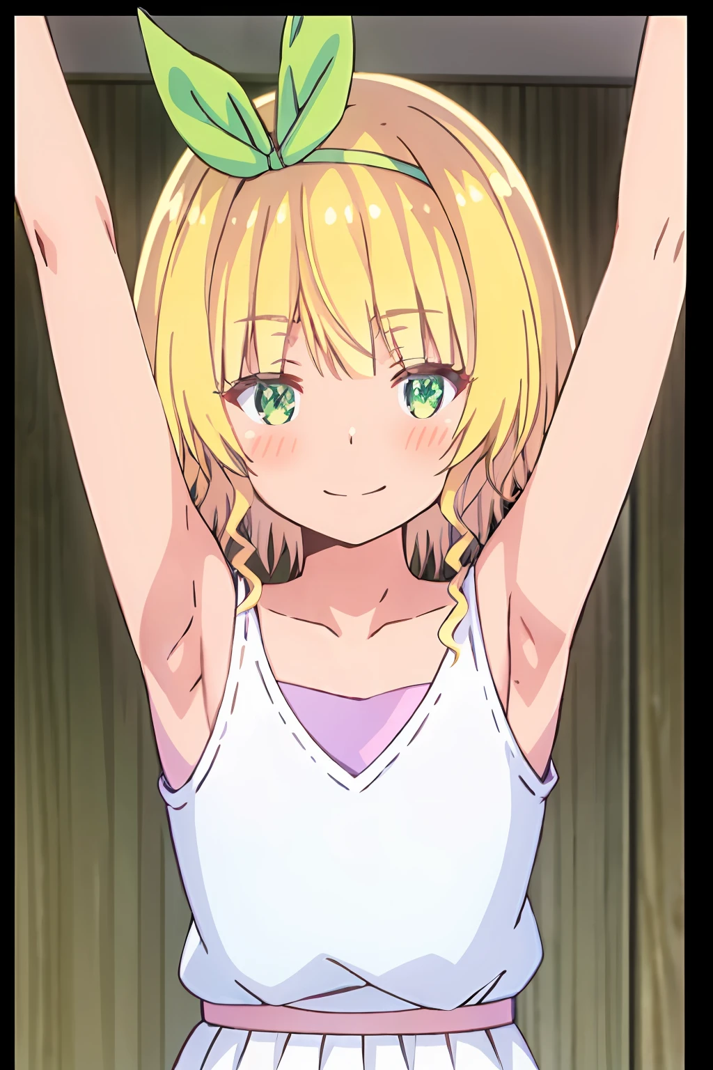 masterpiece, best quality, koga yuika, 1girl, blonde hair, smile, blush, green hair ribbon, green eyes, short hair, bangs, ribbon, hair ornament, hair ribbon, collar, looking at viewer, hairband, solo, upper body, presenting armpit, nipples, arm up, armpits, bit the shirt up