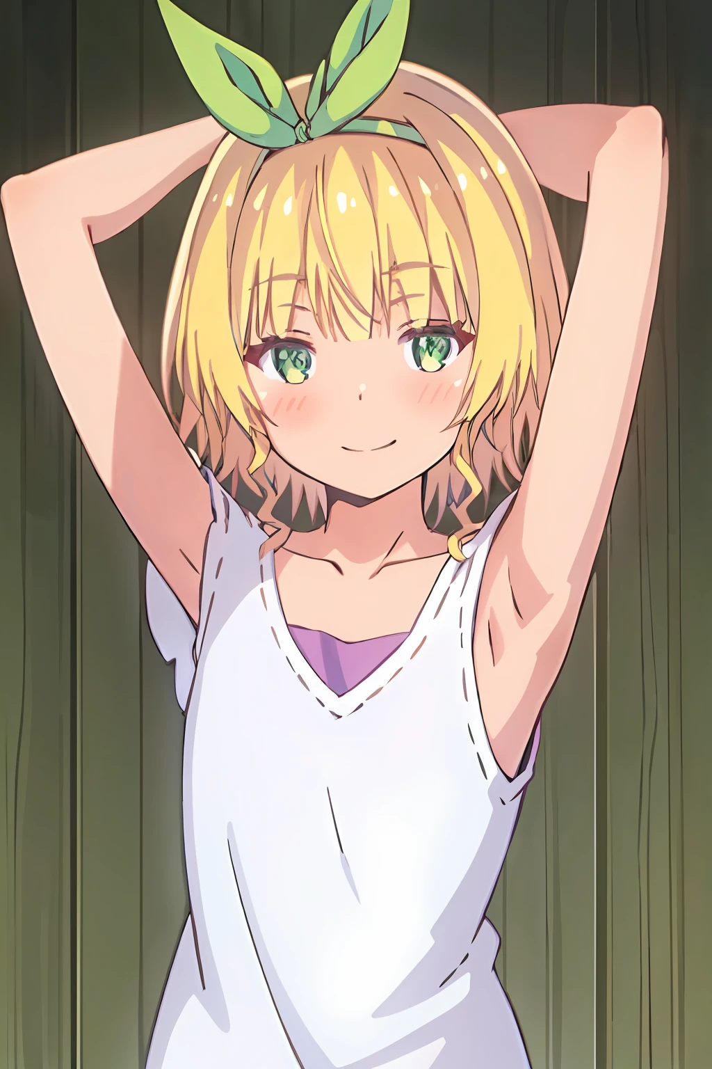 masterpiece, best quality, koga yuika, 1girl, blonde hair, smile, blush, green hair ribbon, green eyes, short hair, bangs, ribbon, hair ornament, hair ribbon, collar, looking at viewer, hairband, solo, upper body, presenting armpit, nipples, arm up, armpits, bit the shirt up
