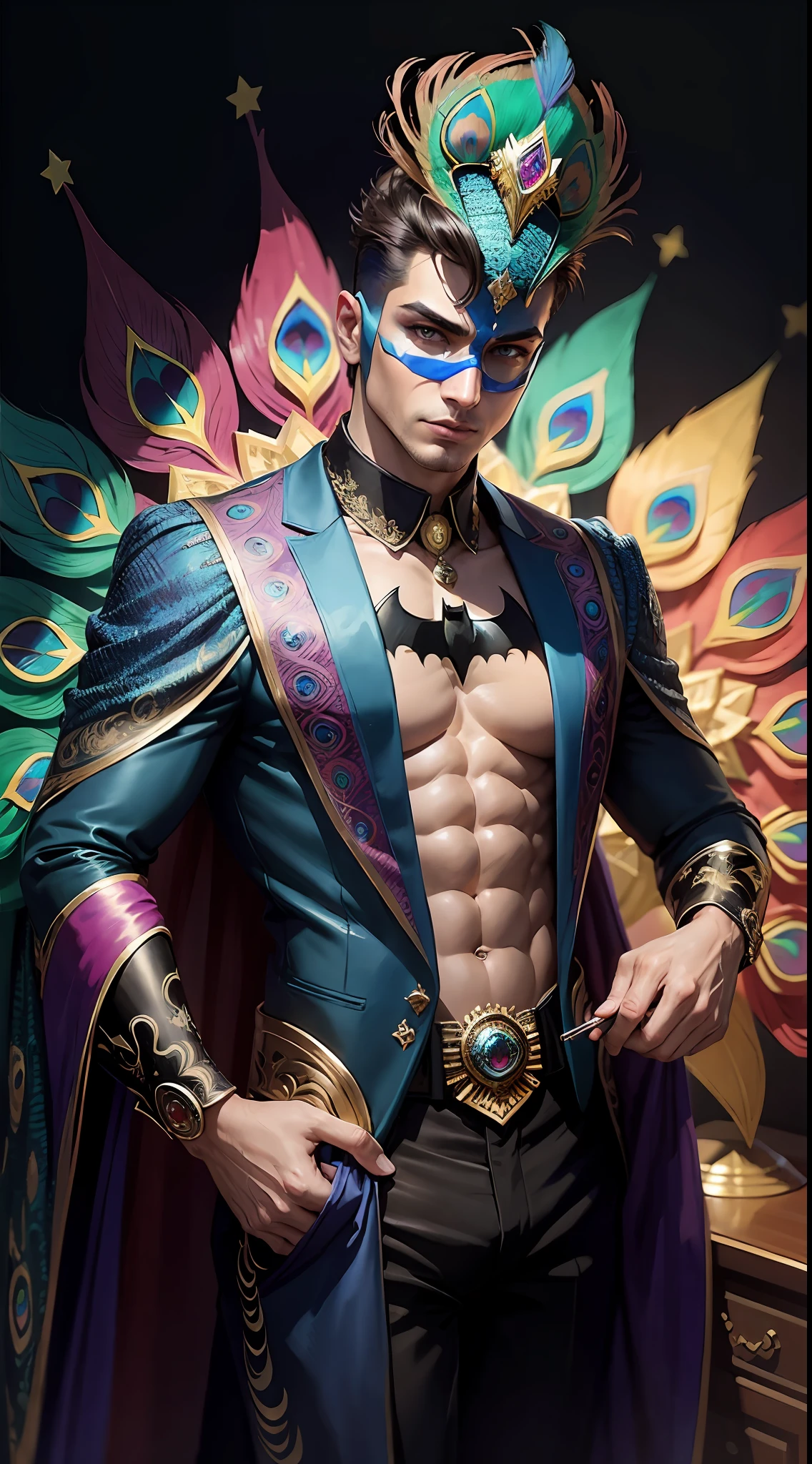 painting of a handsome batman peacock with a colorful headdress and a star, full of colors and rich detail, beautiful and colorful, beautiful colorful, colorful plumage, highly intricate and colorful, wonderfully colorful, colorful intricate masterpiece, colorful hd picure, full of colors, highly intricate in technicolor, intricate colorful masterpiece, vibrant and rich colors, peacock colors