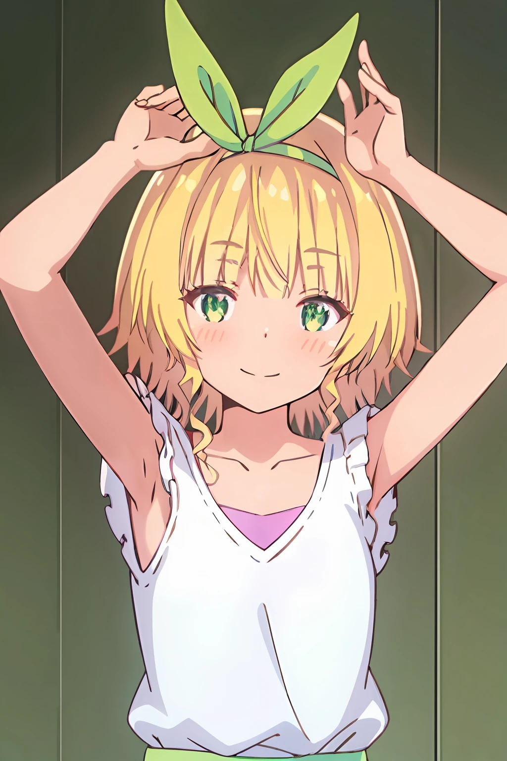masterpiece, best quality, koga yuika, 1girl, blonde hair, smile, blush, green hair ribbon, green eyes, short hair, bangs, ribbon, hair ornament, hair ribbon, collar, looking at viewer, hairband, solo, upper body, presenting armpit, , arm up, armpits, bit the shirt up