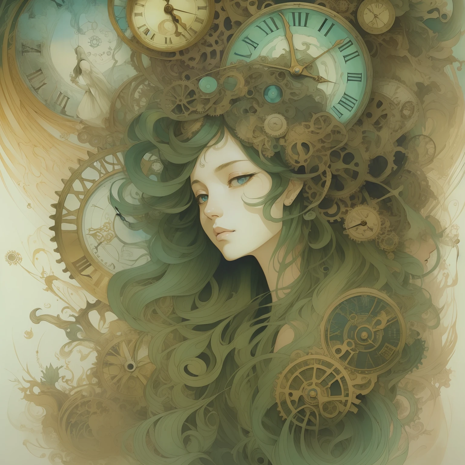 ((masterpiece, near perfect beautiful women, perfect eyes, centerd, looking forward, single character)) (((surreal, its all in my head))) in Studio Ghibli style, a stunningly detailed fluid gouache painting by Jean Baptiste Monge, incorporating ink flow, calligraphy, acrylic, Chinese ink, and color art, styled in Art Nouveau, with gears and clocks in head
