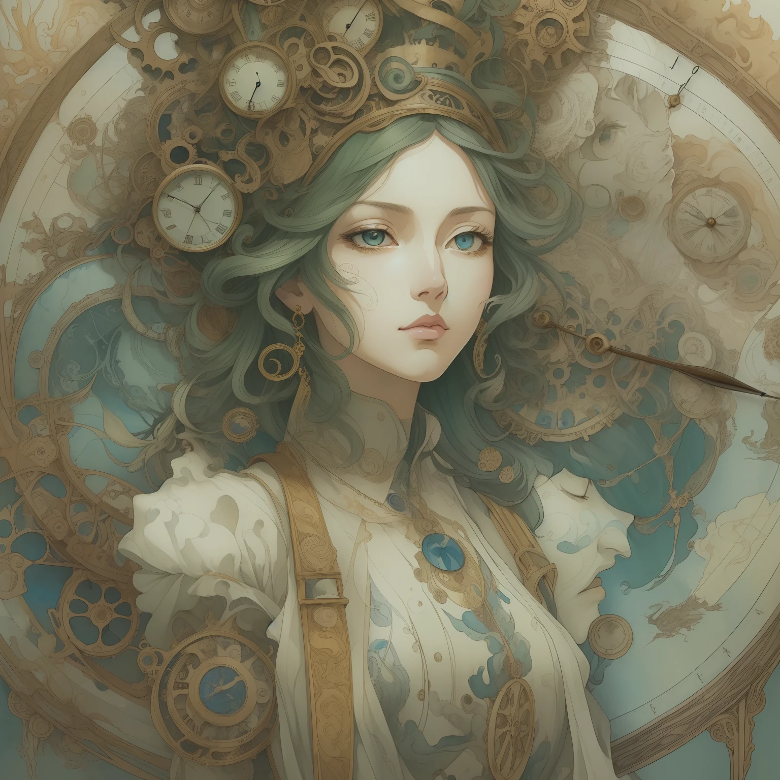 ((masterpiece, near perfect beautiful women, perfect eyes, centerd, looking forward, single character)) (((surreal, its all in my head))) in Studio Ghibli style, a stunningly detailed fluid gouache painting by Jean Baptiste Monge, incorporating ink flow, calligraphy, acrylic, Chinese ink, and color art, styled in Art Nouveau, with gears and clocks in head