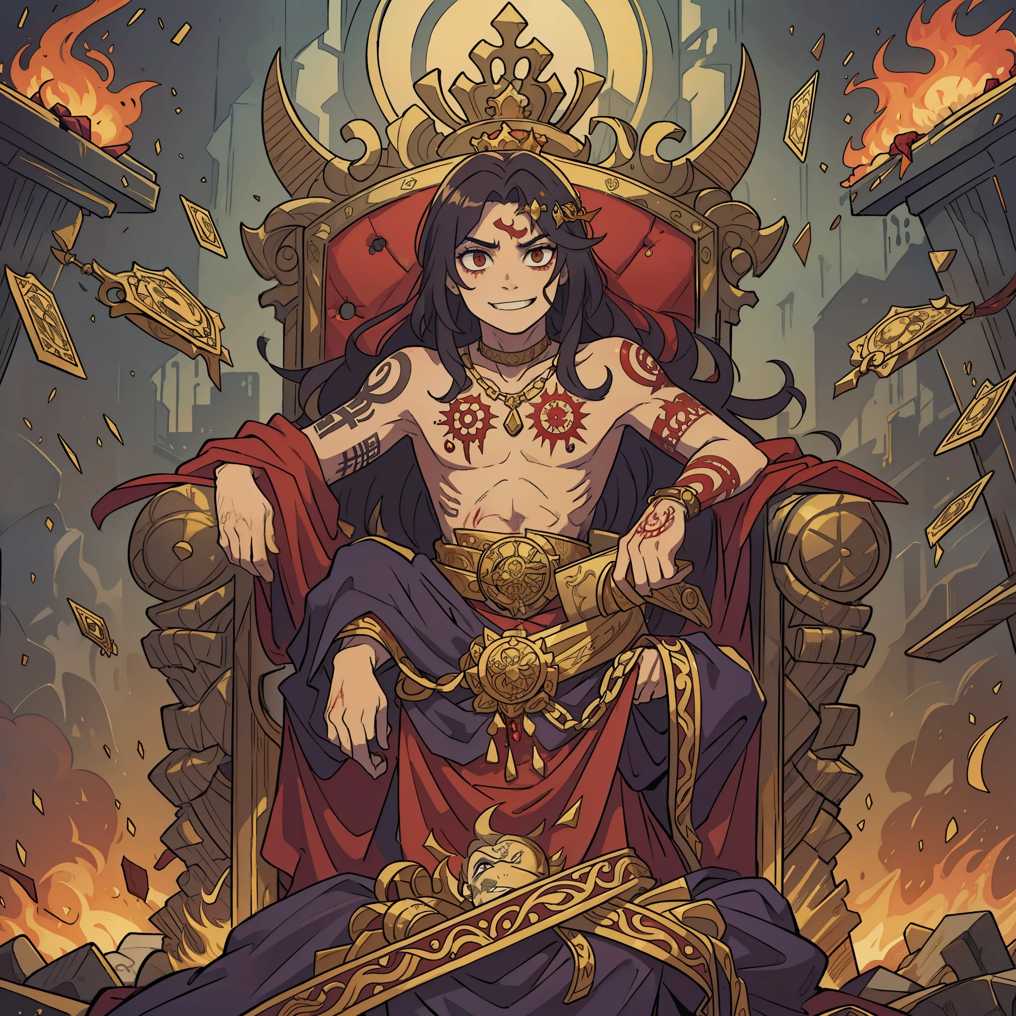 A king with messy hair with tattoos and a macabre smile and blood, crazy character sitting on his throne with thousands of gold scattered. climate of fear and terror. SUPER DETAILED