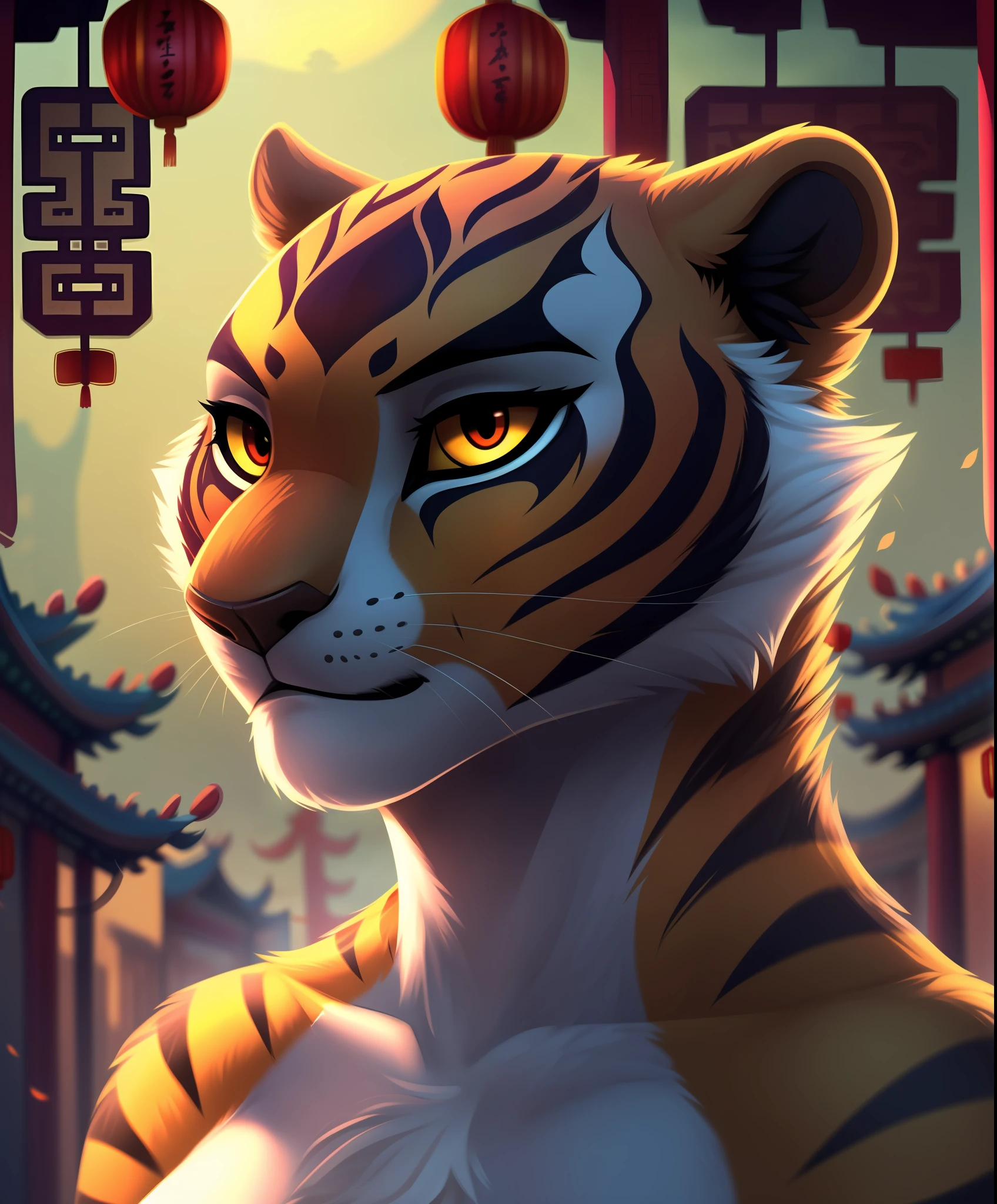 mastertigress, furry female anthro, tiger girl, portrait, headshot, close-up, tranquil, solo, (body fur:1.2), (best quality), (chinese town background:1.2), dramatic lighting, detailed fluffy fur, looking at viewer,  detailed fluffy fur,