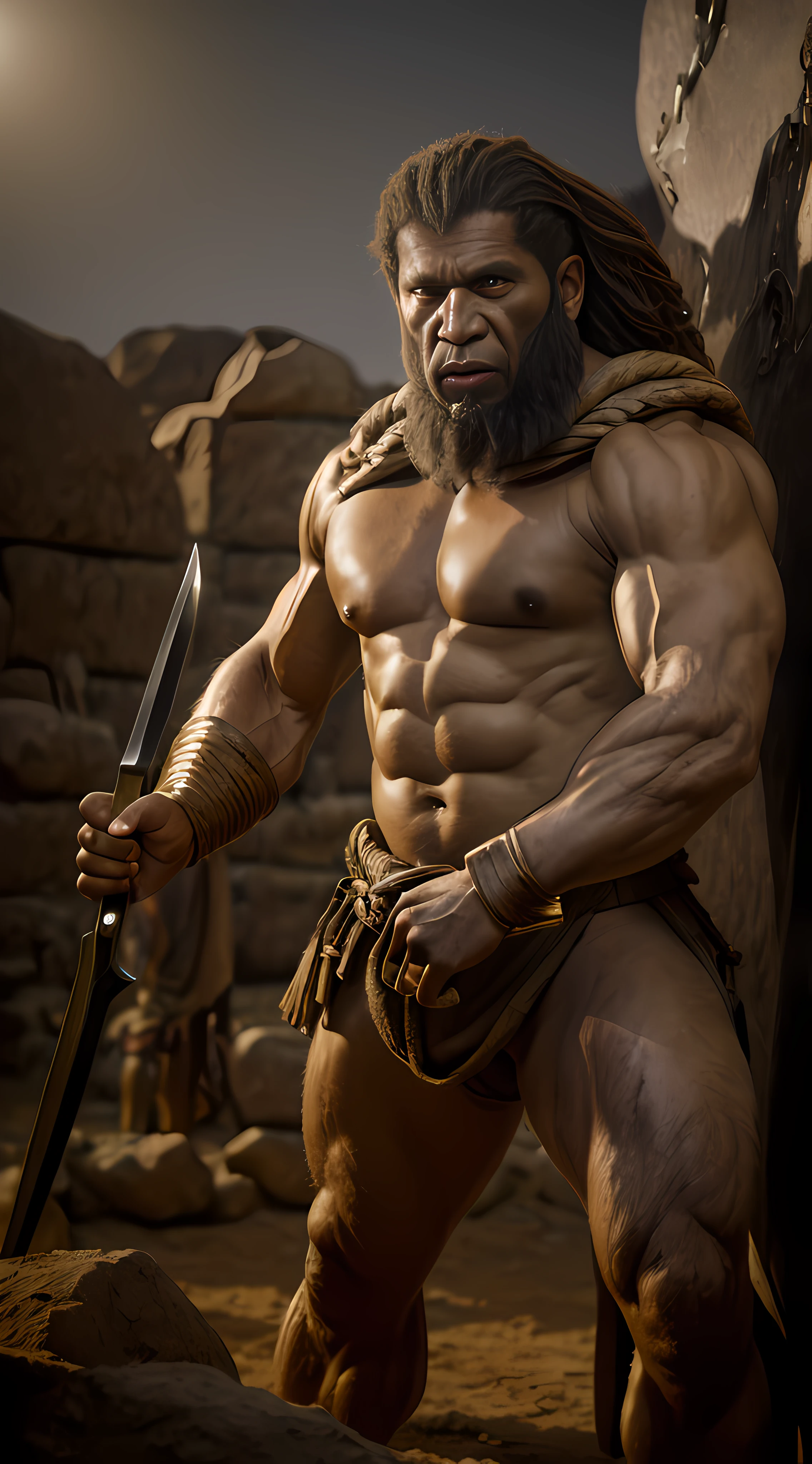 Guerreiro neandertal, corpo musculoso, gigante, pigmeus, campo de batalha, Prehistoric war scenario, Hiper realista, highes definition, Film production, ajuste profissional de corers e balanceamento, profesional lighting, detalhes intrincados, 8k