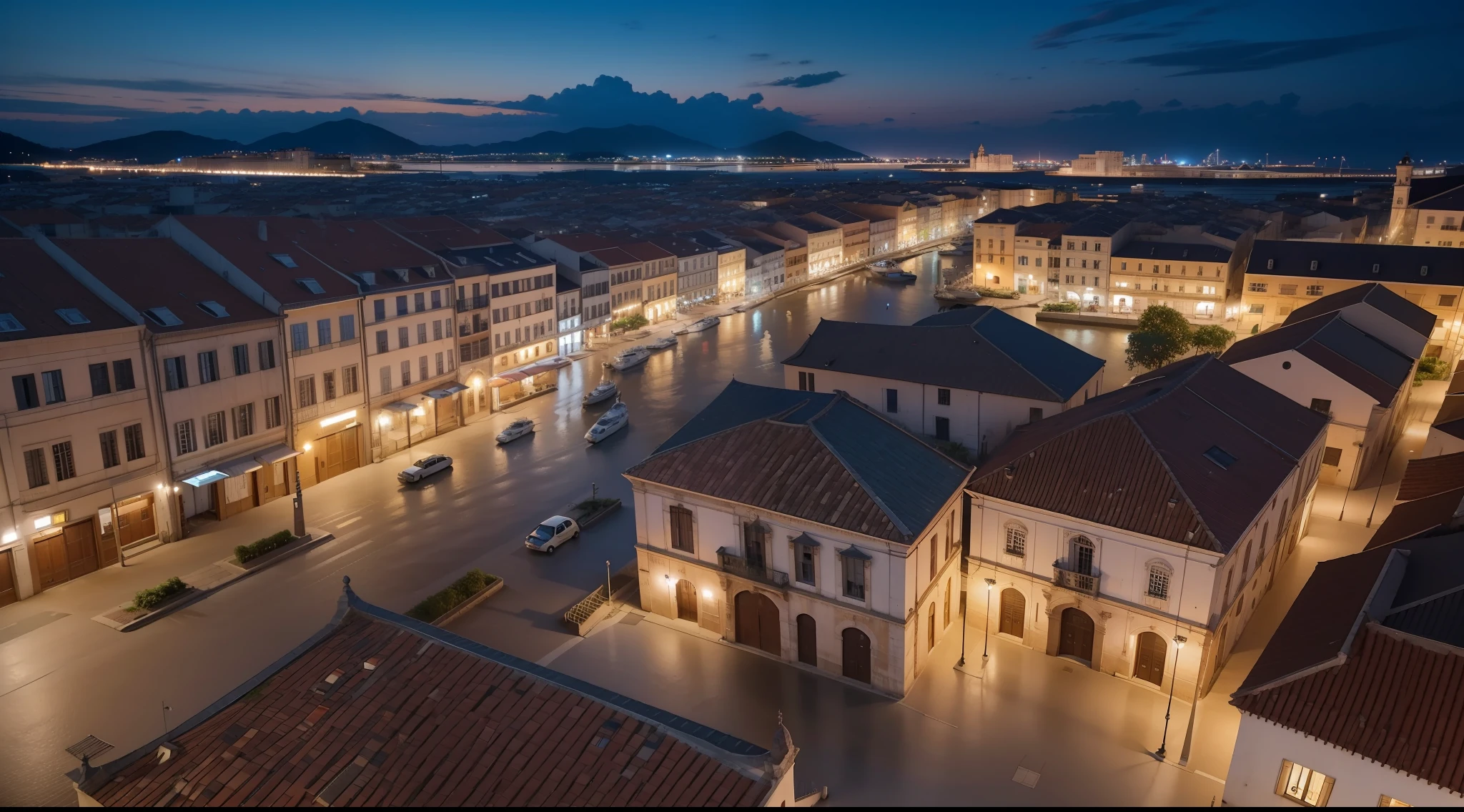Aerial view of old and old choice, cidade pequena, noite, Students in the courtyard, 8k, maximum detailed, high quality