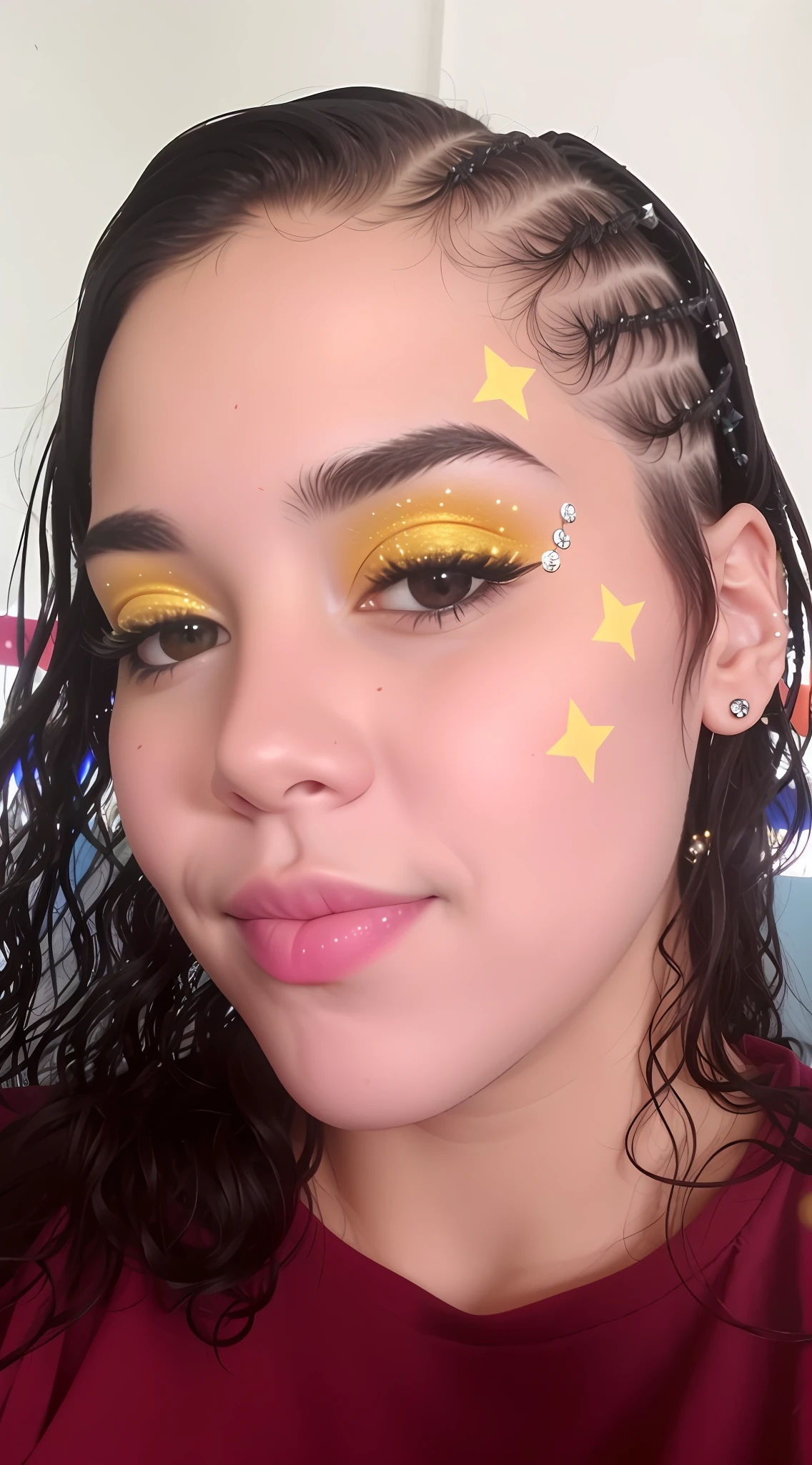 um close up de uma mulher com uma estrela amarela pintada no rosto, maquiagem amarela, maquiagem rave, inspirado em Carl Walter Liner, inspirado em Izzy Medrano, maquiagem de glitter, Maquiagem dos anos 90, Rave Inspirado, maquiagem rave colorida, amarelo brilhante, olhos dourados brilhantes, inspirado em Olivia Peguero, Foto de perfil, inspired by Emma Ríos
