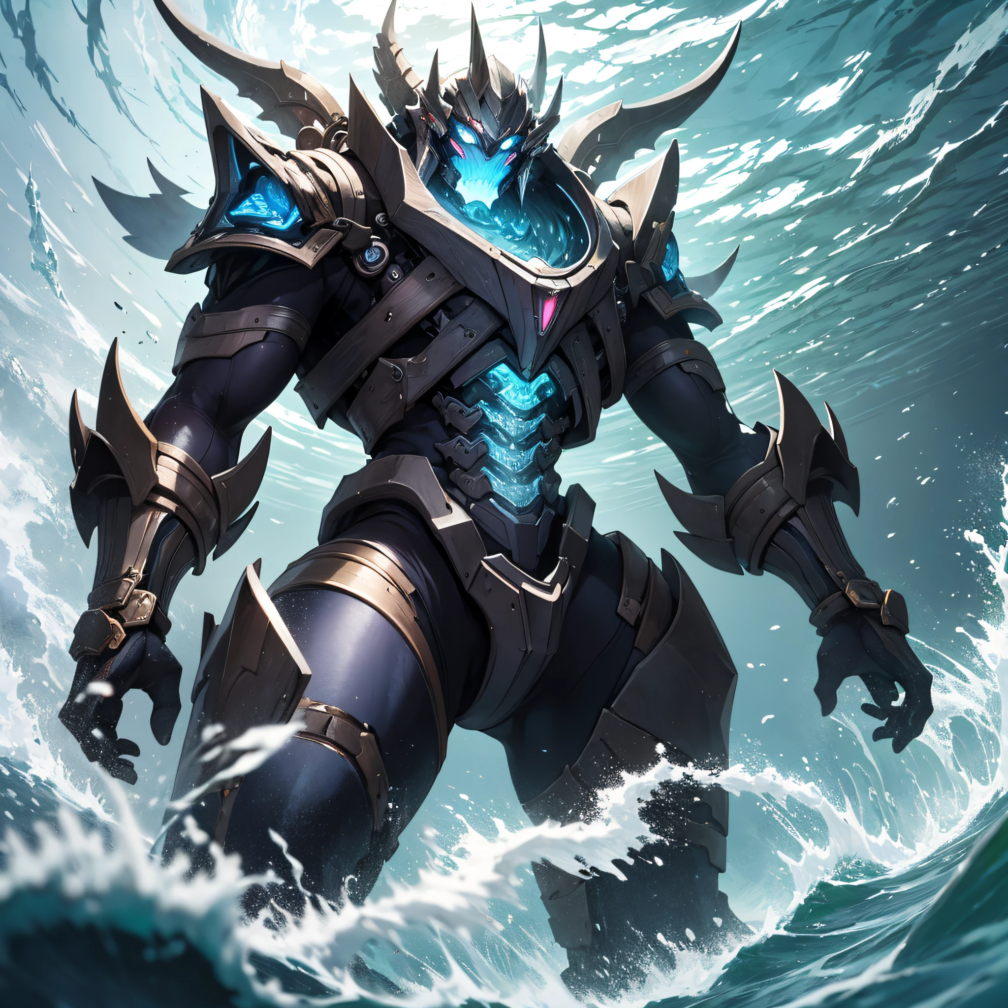 Ridiculous resolution,A high resolution,(tmasterpiece:1.4),hyper-detailing,Underwater world(1.3),Blue mechanical titan giant,Back Shadow,charge,tidal waves