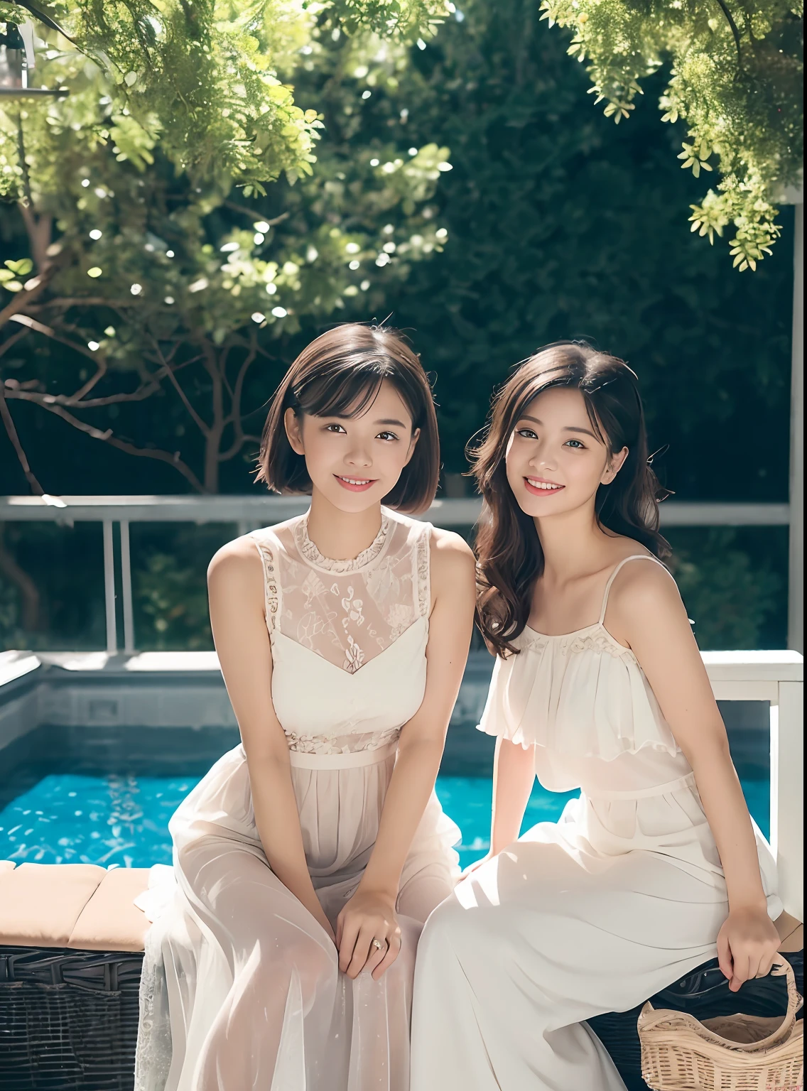 (8K、top-quality、​masterpiece:1.2)、(realisitic、Photorealsitic:1.37)、ultra-detailliert、女の子 1 人、cute little、独奏、Beautiful detailed sky、Detailed Cafe、natta、sitting on、date、(Nasal blush)、 (a smile:1.15)、(a closed mouth)small tits、Fine and beautiful eyes、(A dark-haired:1.1)、natta、Wet、Transaction service、Sateen、White lace、(A dark-haired、short-hair:1.2)、Float NovaFrogStyle、toppless、White Ruffled Chiffon Sleeveless Top, White Tulle Maxi Skirt Dress, Mermaid Line, wicker basket bag.