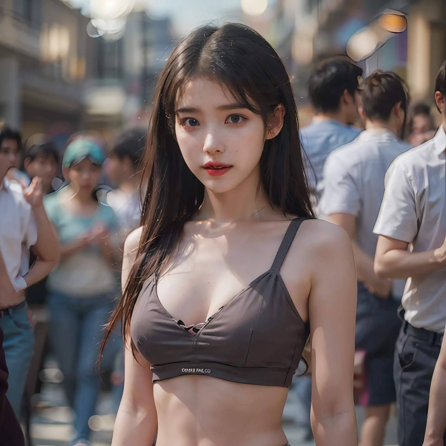 nikon RAW photo,8 k,Fujifilm XT3,photorealistic,realistic, solo, photorealistic, best quality, ultra high res, (skin spots:0.1) sexy expression, standing against full of people showcase, sexy av idol suits, short, brallete, microskirt letting us see her cheecks and cameltoe from behikd, masterpiece, best quality, extremely detailed face, perfect lighting, solo,1girl, sexy sight best quality, ultra high res, photorealistic, ultra detailed, masterpiece, best quality, iu1, tiny butt, lee ji-eun