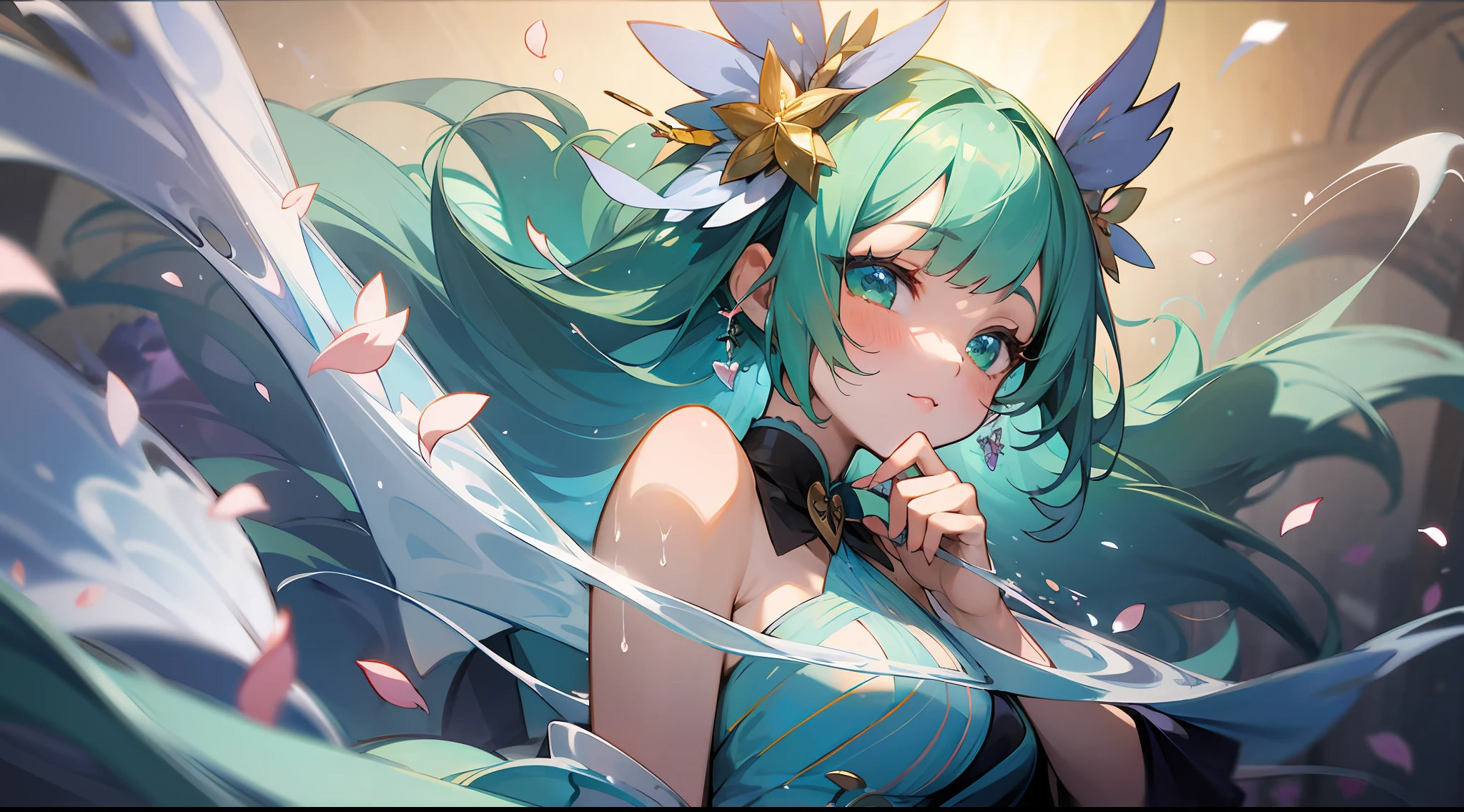 A kawaii girl is pouring a cocktail with a flourish, petals of blue and green cascading around her as she creates a dazzling display.