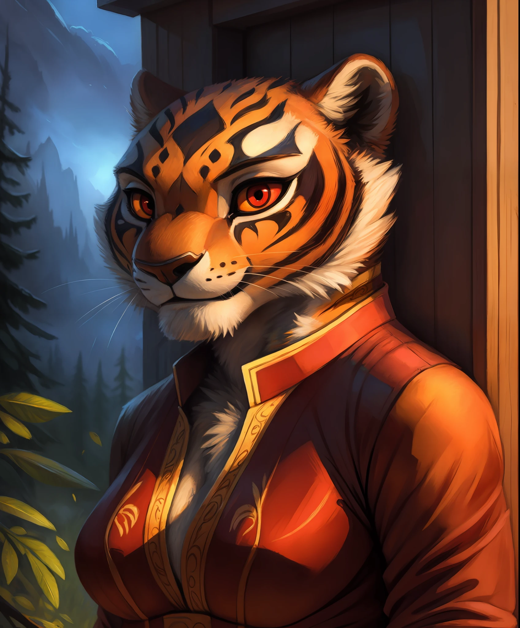 (by kenket:0.8) (by  photonoko:0.5) (by Arthur Lismer:0.6), (by pixelsketcher:0.4), BREAK,

solo,female (cute:1.1)   master tigress, perfect breasts,

detailed background, outdoors, cinematic lighting, chinese clothing,  animated movie, artistic
8k hd, photo, photoreal,  (detailed fur:1.3) (furr detail, fluffy:1.3), (big detailed red eyes, yellow sclera:1.2),  depth of field,