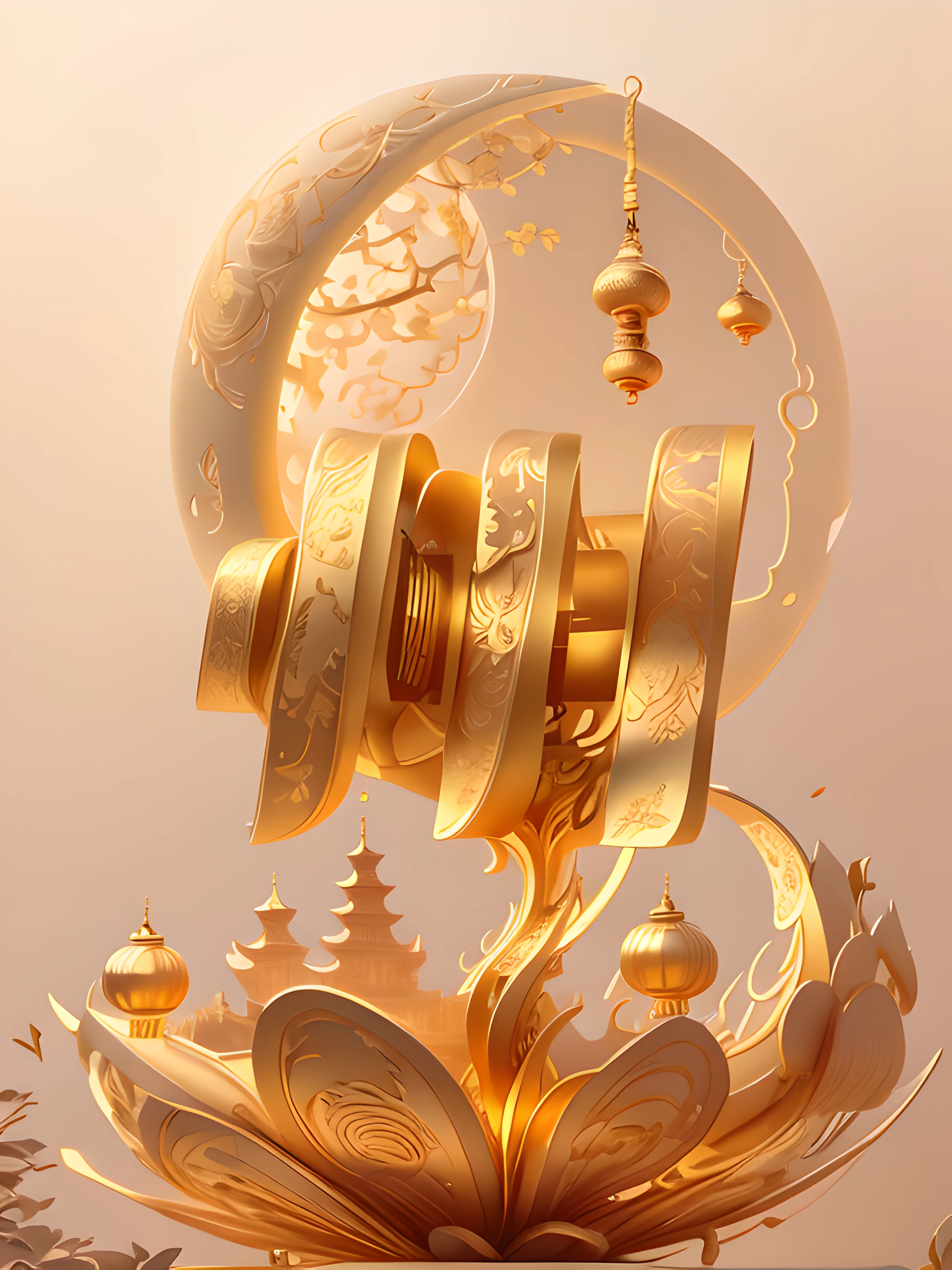 simple backgound:2,ultra - detailed，high qulity，filmposter, Ancient China，Santan Seal Moon，Leifeng Tower，Ray traching，Beautiful Chinese style，blender，Golden curves