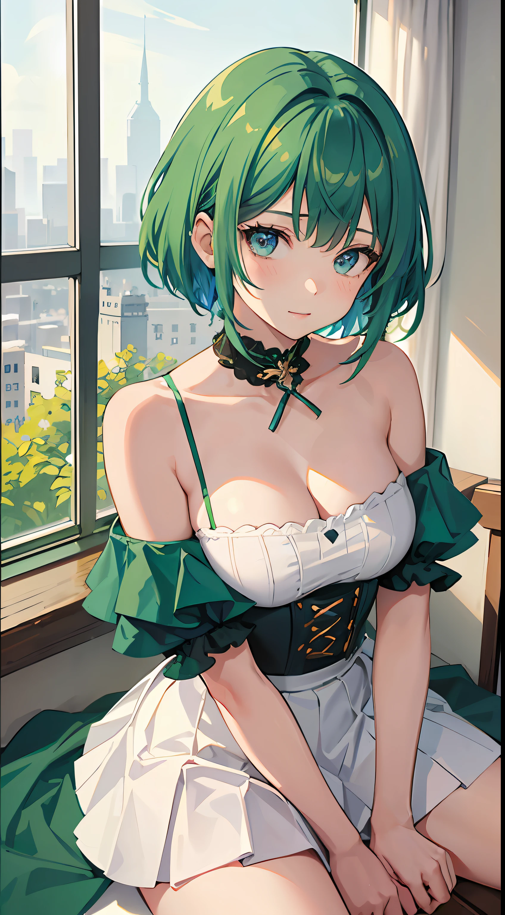 Green hair,short detailed hair,bit girl,10years old,Overlooking,年轻,blue color eyes,bshoulders,鎖骨,Close-up,cleavage,(Off-the-shoulder outfit1.2),libraryai,(white skirt),ssmile,Be red in the face
