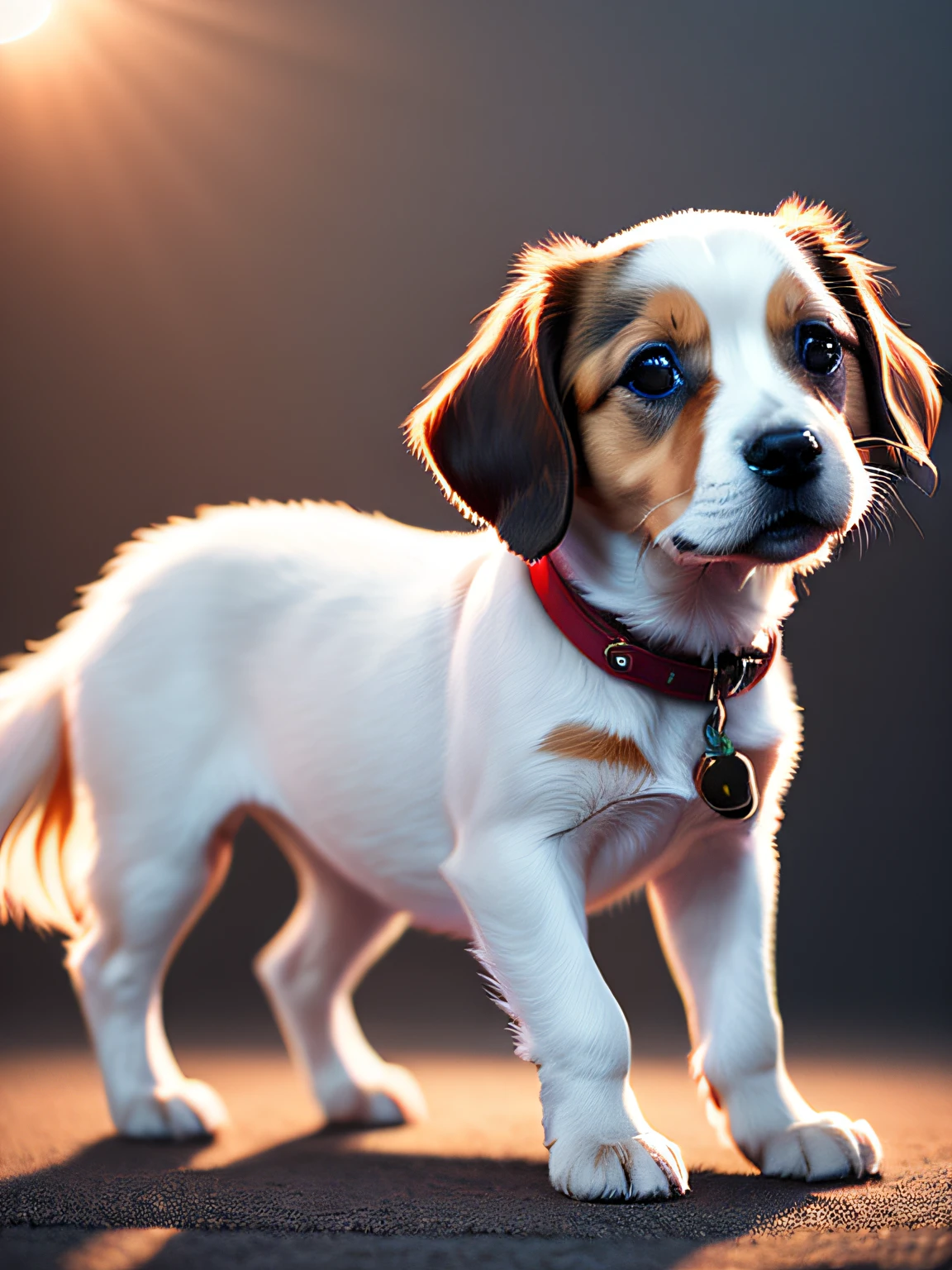 3D cute puppy, white with brown spots all over body, medium size, red leather collar, color gradient sony a7 70 mm camera lens, disney Pixar style, soft volumetric lights (backlight: 1.3), (kinematics: 1.2) ), intricate details (ArtStation: 1.3), Rutkowski