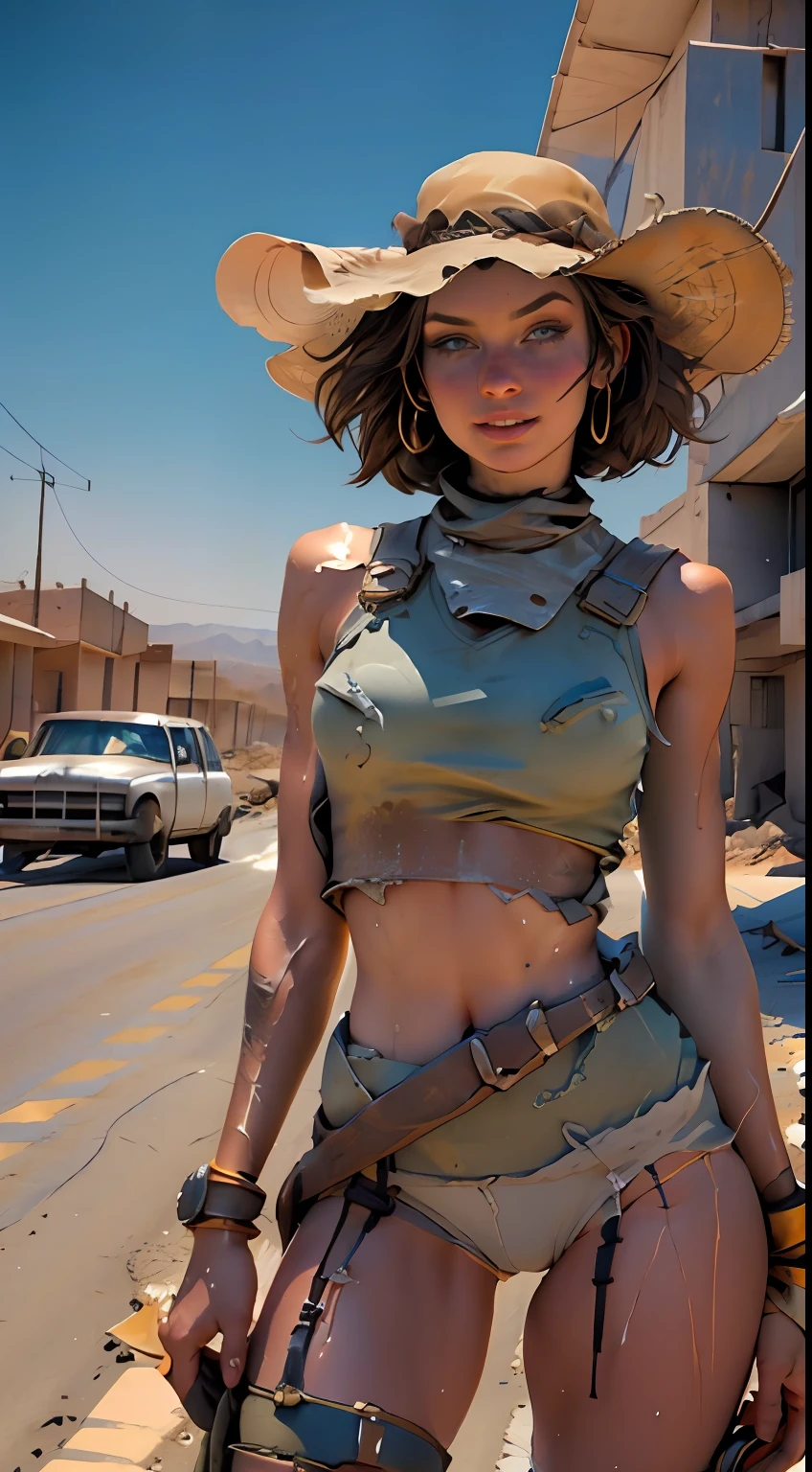Beautiful brunette woman,Sweaty body,Short hair with a hat,short underwear,Thick thigh set body,Angle from bottom to top,8K,ultra realisic,On a sunny desert road,With cars, planes and destroyed buildings,Apocalyptic landscapes