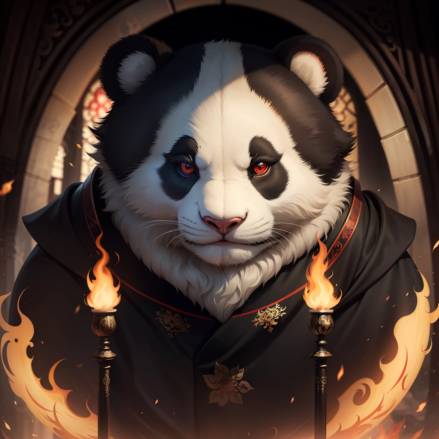 (extremely detailed 8k wallpaper),iintricate,detail-rich,dramatics,Panda bear with white kimono,preparing to fight,The sinister face is drawn underneath, only a pair of red eyes peek,Graphic madness,Light is reflected on the ornaments,Bright ash seeped from the torches of the arched passage,Take a leisurely walk through the gloomy cathedral,Show the whole person that there is a certain distance from the surroundings to get their own permit。