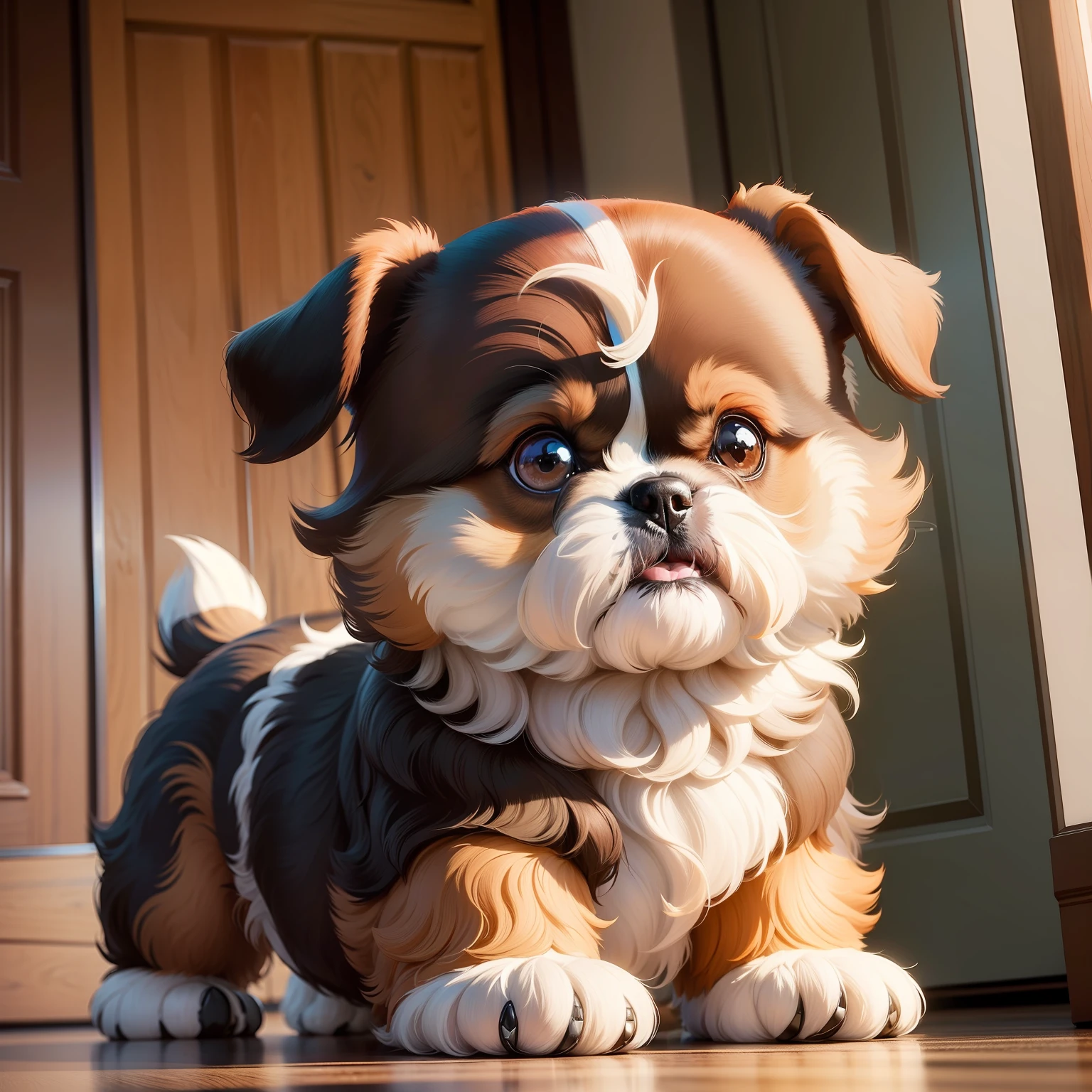 imagem de um cachorro Shih Tzu com cores ( branca, marrom, bege) sentado na entrada de sua casa