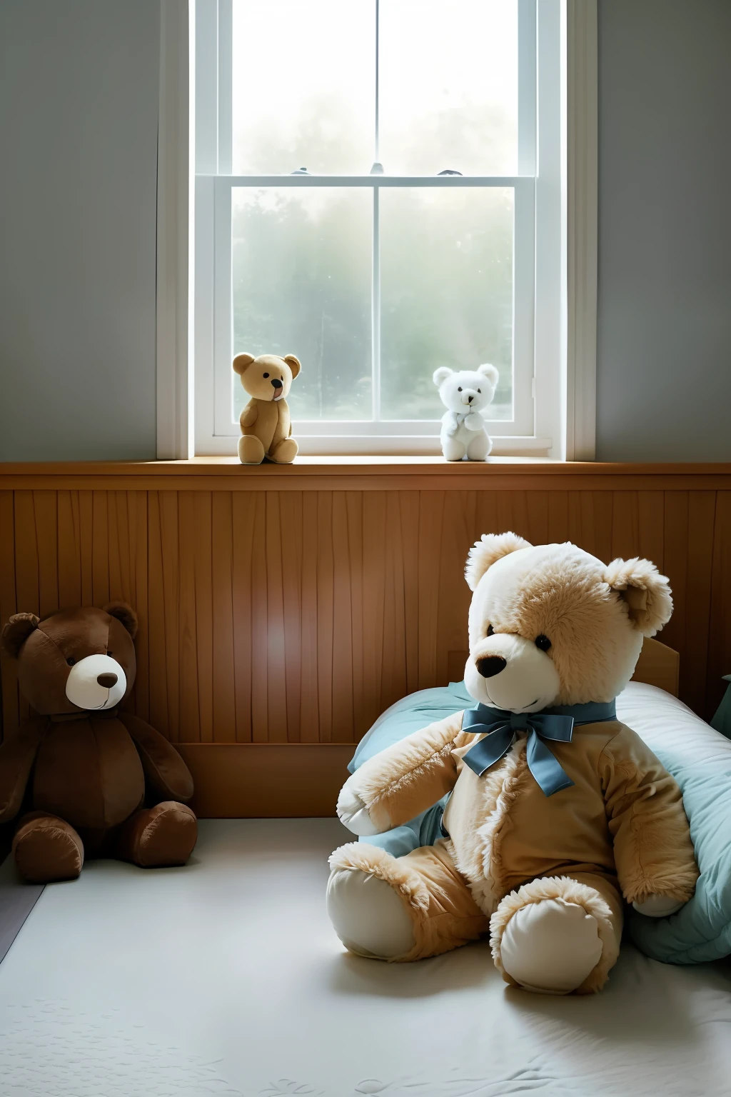 Create a detailed and realistic scene of a 3-year-old boy wearing glasses, embraced by his plush teddy bear, dressed in pajamas, and ready for bedtime. The room is softly illuminated by the moonlight gently streaming in through the window, casting a serene glow.

Illustrate the boy with intricate details, capturing the warmth and innocence in his eyes as he cuddles his beloved teddy bear. His glasses should reflect the soft moonlight, adding a touch of realism to the scene. The pajamas should be cozy and comforting, complementing the peaceful atmosphere.

Depict the teddy bear with soft, fluffy fur and a friendly expression, conveying a sense of companionship and security for the young boy. The moonlight entering the room through the window should create subtle shadows and highlights, enhancing the ambiance of the scene.

The room should be realistically illustrated, with attention to detail in the furniture, bedding, and other elements. The moonlight should softly illuminate the surroundings, creating a serene and calming atmosphere.

In this heartwarming illustration, the boy should be positioned comfortably in bed, with his teddy bear held close to his chest. The room should exude a sense of coziness and tranquility, reflecting the peacefulness of bedtime.

The final artwork will capture the tender moment of a 3-year-old boy wearing glasses, finding comfort and solace in the company of his cherished teddy bear, bathed in the soft glow of moonlight, ready to drift off to sleep in a scene that is detailed and delightfully realistic.
