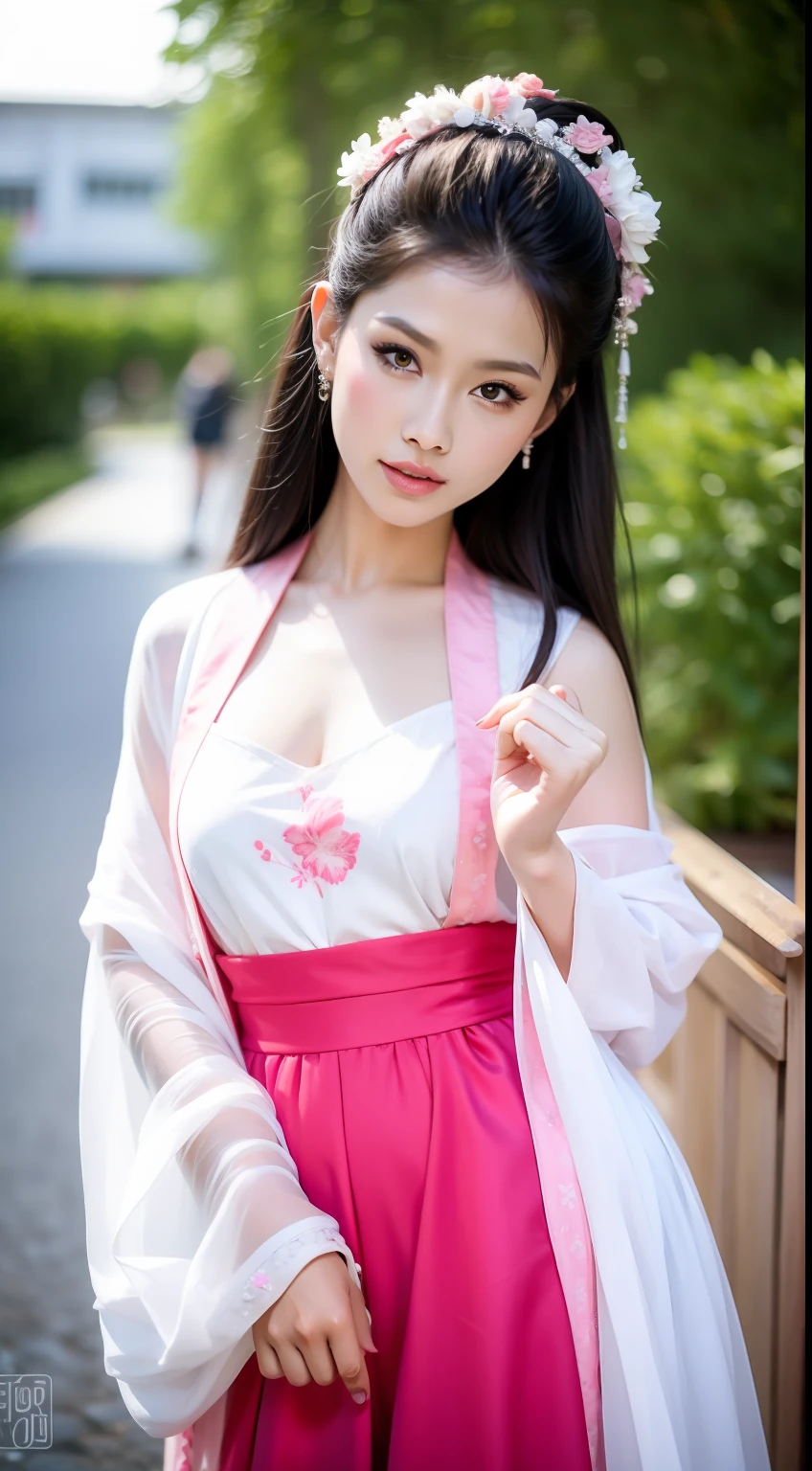 Fashion model  [[[[closeup cleavage]]]], [[[[boobgasm]]]], [[[[coll]]]], [[[[bshoulders]]]], perfect  eyes, Perfect iris，perfect lips，perfect teeth，Perfect skin，Long face，HDR，filmgirl，red attire，white apparel，Pink clothing，White or pink flowers on the background，（pastel colour：1.2）