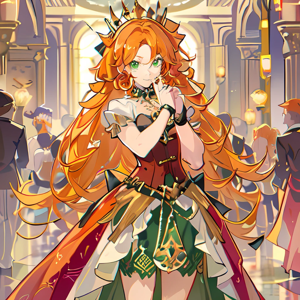 best quality, masterpiece, solo, (( Tall ,Feminine))anime Male in red Dress with crown,( Red corset, Skirt trail), wearing an ornate outfit, anime princess, in a fancy elaborate dress, ((Long Orange Hair:1.4)), ((hair styled in Ringlets:1.3)),((Green eyes)),((Wide Hips)) , ((Thick Thighs )), Background(Ballroom))