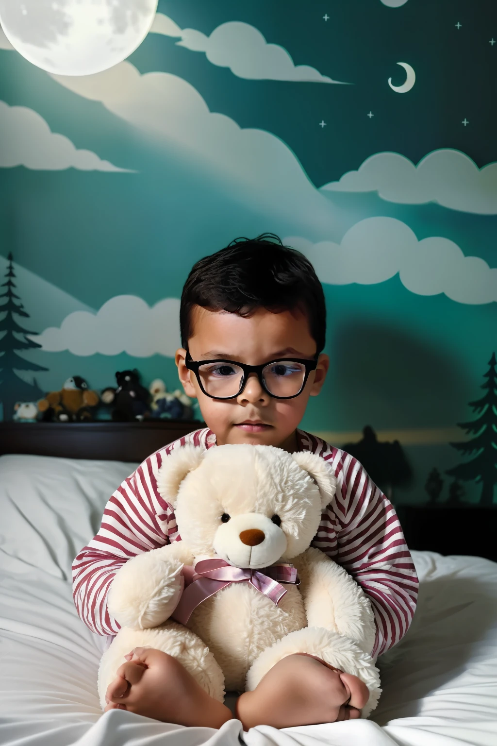 guttonerdjul23, Create a detailed and realistic scene of a 3-year-old boy wearing glasses, embraced by his plush teddy bear, dressed in pajamas, and ready for bedtime. The room is softly illuminated by the moonlight gently streaming in through the window, casting a serene glow.
Illustrate the boy with intricate details, capturing the warmth and innocence in his eyes as he cuddles his beloved teddy bear. His glasses should reflect the soft moonlight, adding a touch of realism to the scene. The pajamas should be cozy and comforting, complementing the peaceful atmosphere.
Depict the teddy bear with soft, fluffy fur and a friendly expression, conveying a sense of companionship and security for the young boy. The moonlight entering the room through the window should create subtle shadows and highlights, enhancing the ambiance of the scene.
The room should be realistically illustrated, with attention to detail in the furniture, bedding, and other elements. The moonlight should softly illuminate the surroundings, creating a serene and calming atmosphere.
In this heartwarming illustration, the boy should be positioned comfortably in bed, with his teddy bear held close to his chest. The room should exude a sense of coziness and tranquility, reflecting the peacefulness of bedtime.
The final artwork will capture the tender moment of a 3-year-old boy wearing glasses, finding comfort and solace in the company of his cherished teddy bear, bathed in the soft glow of moonlight, ready to drift off to sleep in a scene that is detailed and delightfully realistic.