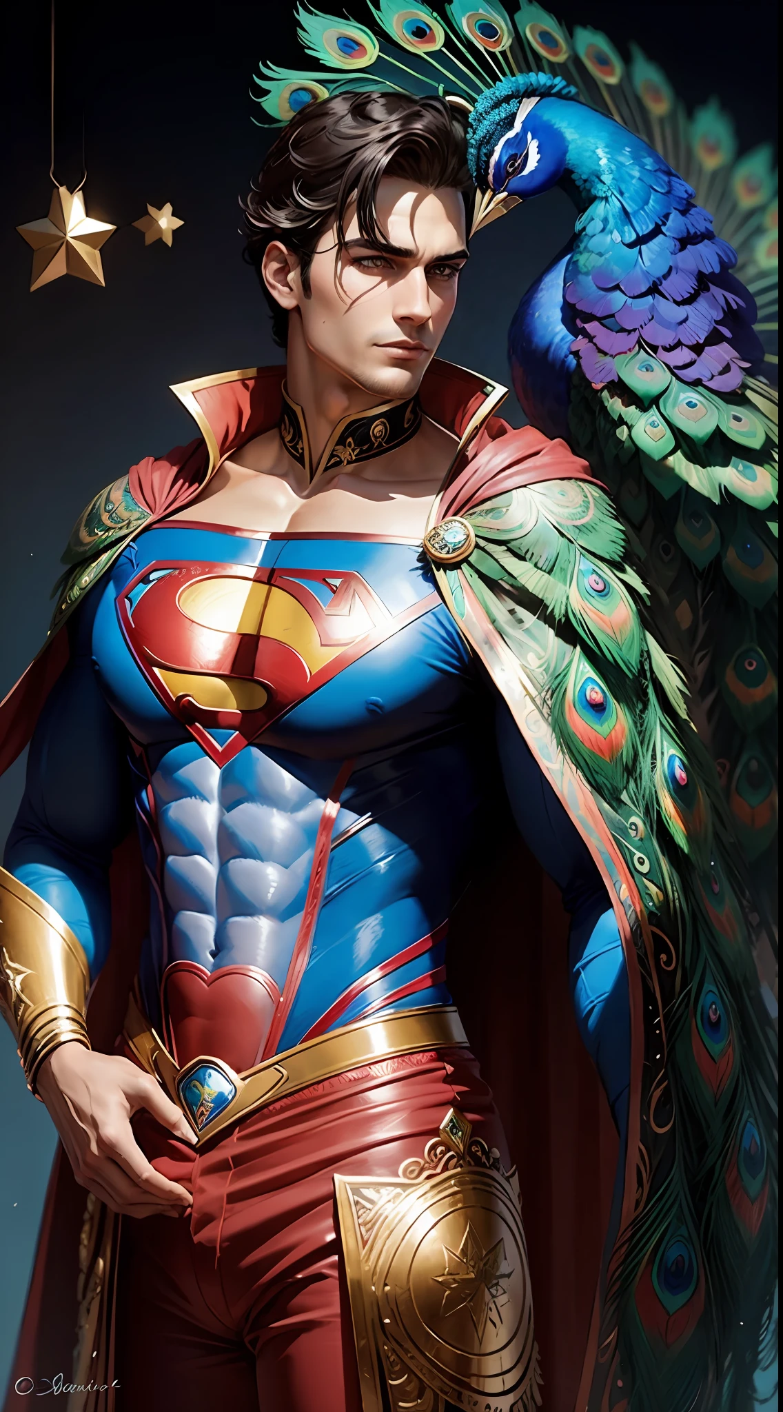 painting of a handsome superman peacock with a colorful headdress and a star, full of colors and rich detail, beautiful and colorful, beautiful colorful, colorful plumage, highly intricate and colorful, wonderfully colorful, colorful intricate masterpiece, colorful hd picure, full of colors, highly intricate in technicolor, intricate colorful masterpiece, vibrant and rich colors, peacock colors