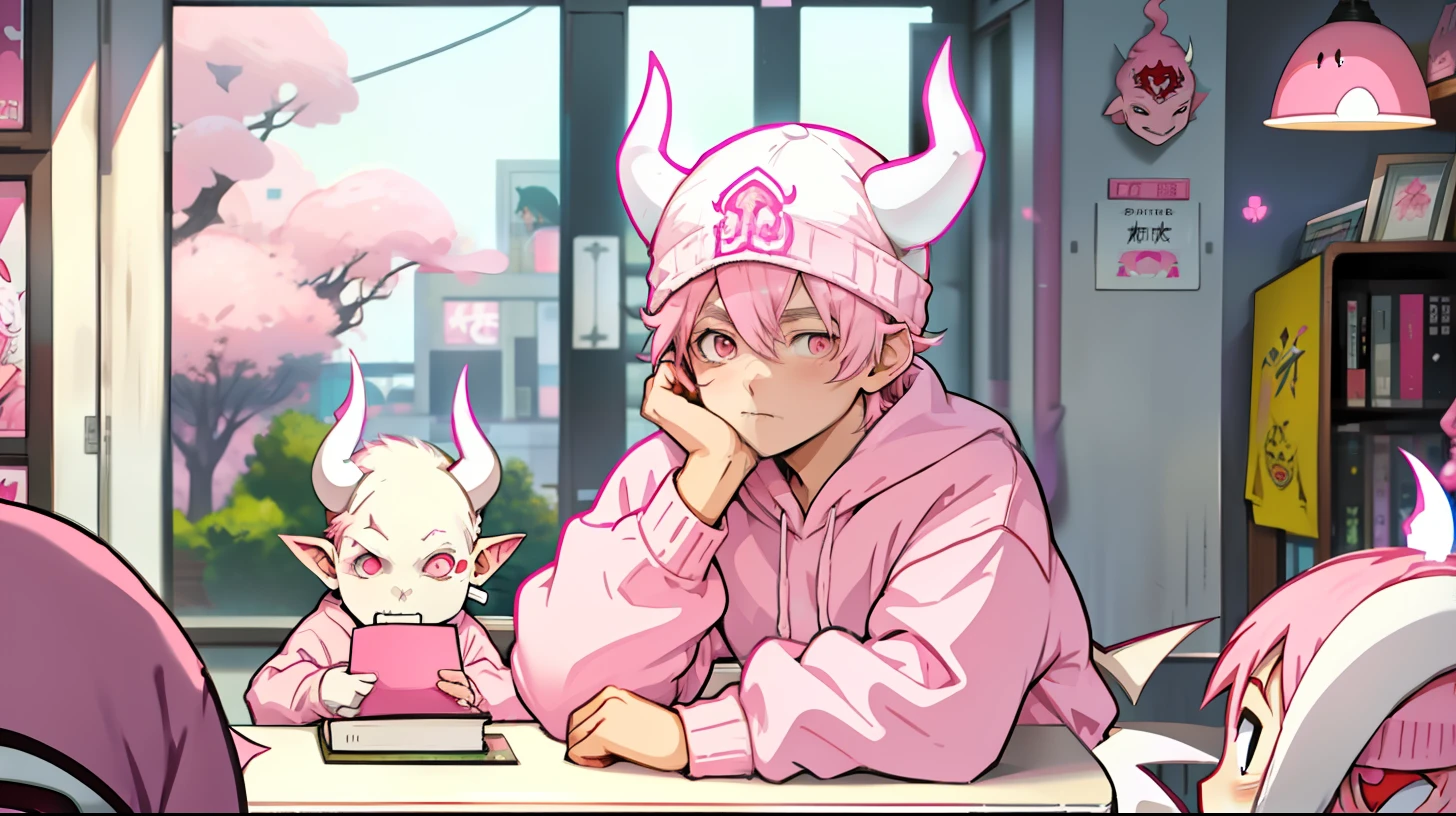 Anime boy sitting at a table with a book, (Pink Hat:1.2),(White Horns:1.1),(White Demon Boy:1.5),(Pink Sweatshirt:1.3),(Pink Iconic Character:1.3)