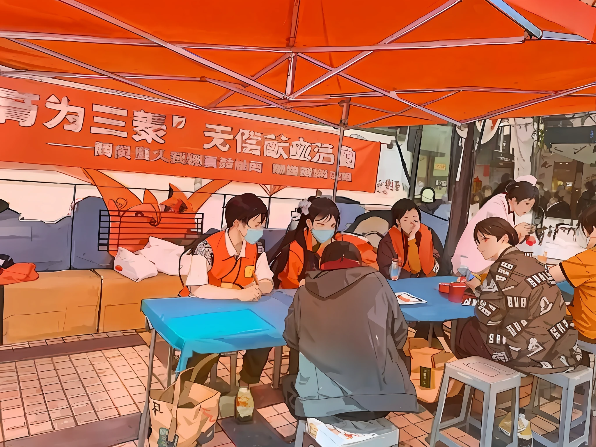 Anime characters sitting at a table under umbrellas in a restaurant, people sitting at tables, author:Jiang Huian, by Ni Yuanlu, overlaid with chinese adverts, author:Qu Leilei, Overlay Chinese text, large view, artist unknown, in orange clothes) Fight, people outside eating meals, digital art - w 640