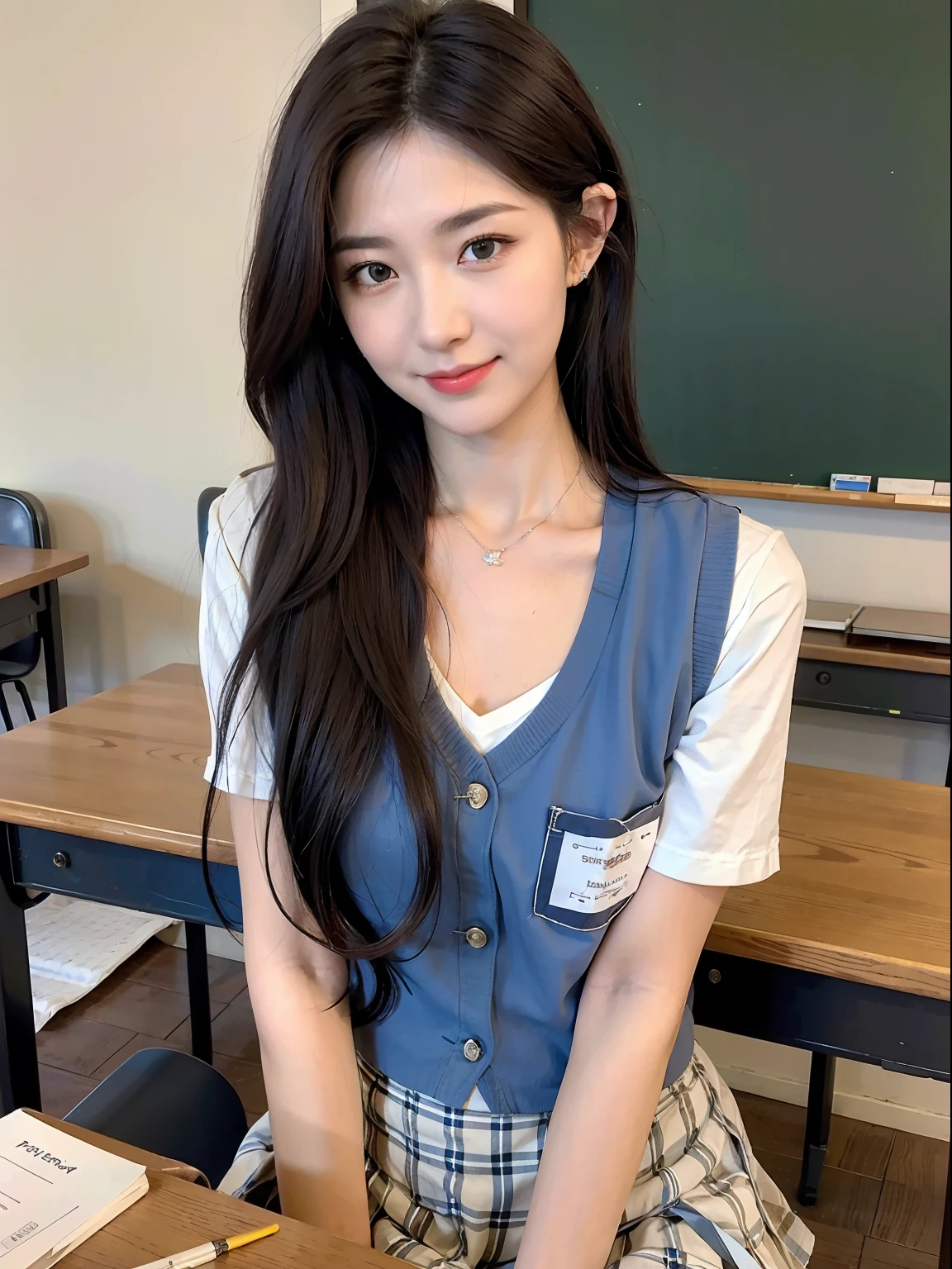 (((medium hair))), best quality, 8K, HDR, highres, absurdres:1.2, blurry background, bokeh:1.2, Photography, (RAW photo:1.2), (photorealistic:1.4), (masterpiece:1.3), (intricate details:1.2), 1girl, solo, japanese girl, delicate, beautiful detailed, (detailed eyes), (detailed facial features), petite, (((small breasts))), skin tight, (looking_at_viewer), from_front, (skinny), (best quality:1.4), (ultra highres:1.2), cinema light, (extreme detailed illustration), (lipgloss, best quality, ultra highres, depth of field, caustics, Broad lighting, natural shading, 85mm, f/1.4, ISO 200, 1/160s:0.75),1girl, solo, (((blue vest))) smile, ((school uniform, pleated  skirt with checker pattern, classroom))