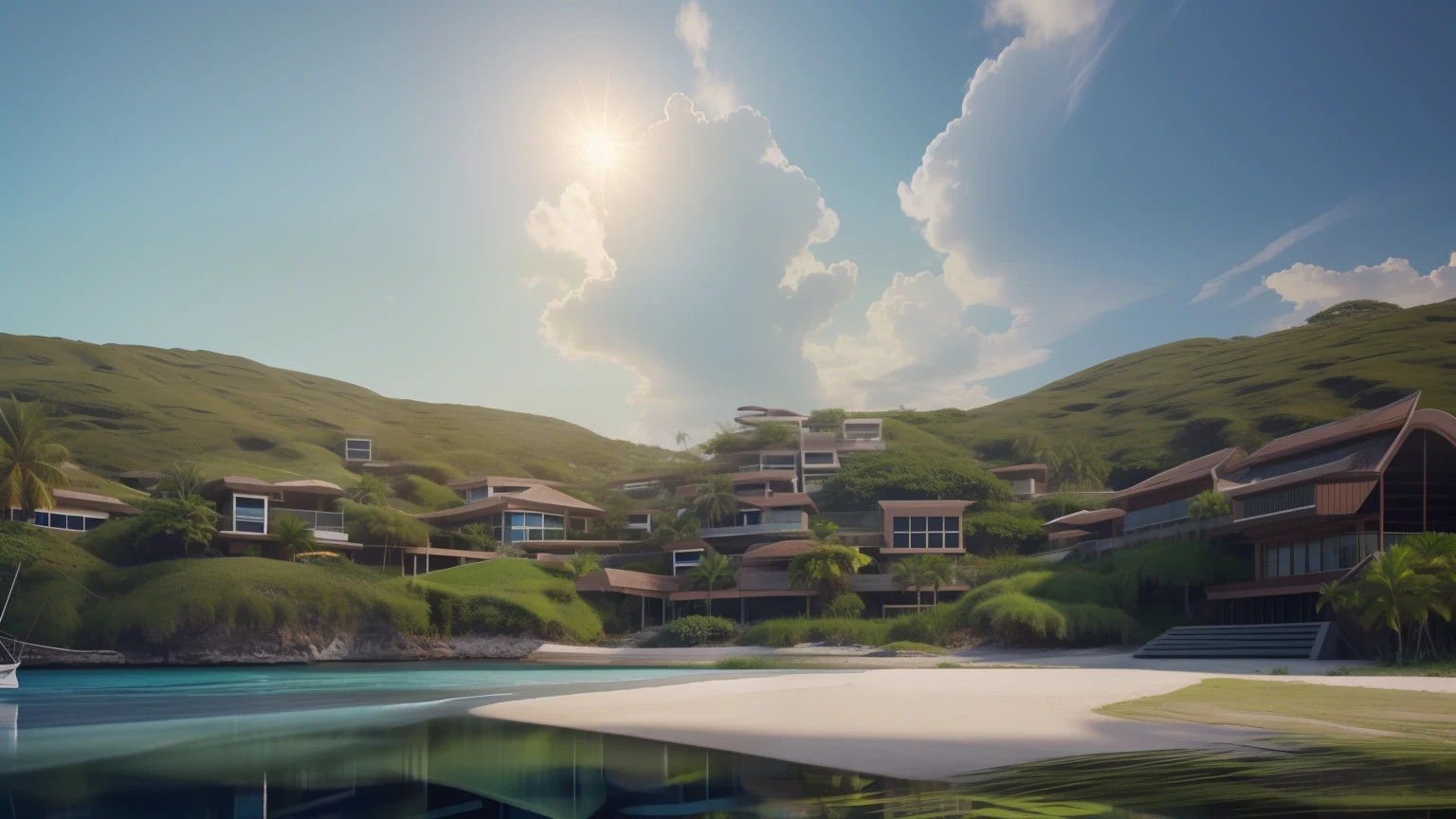 uninhabited island，The building is overgrown with plants，Clear day，Best quality photo rendering，9K photography，extreme hight detail，Perfect light and shadow