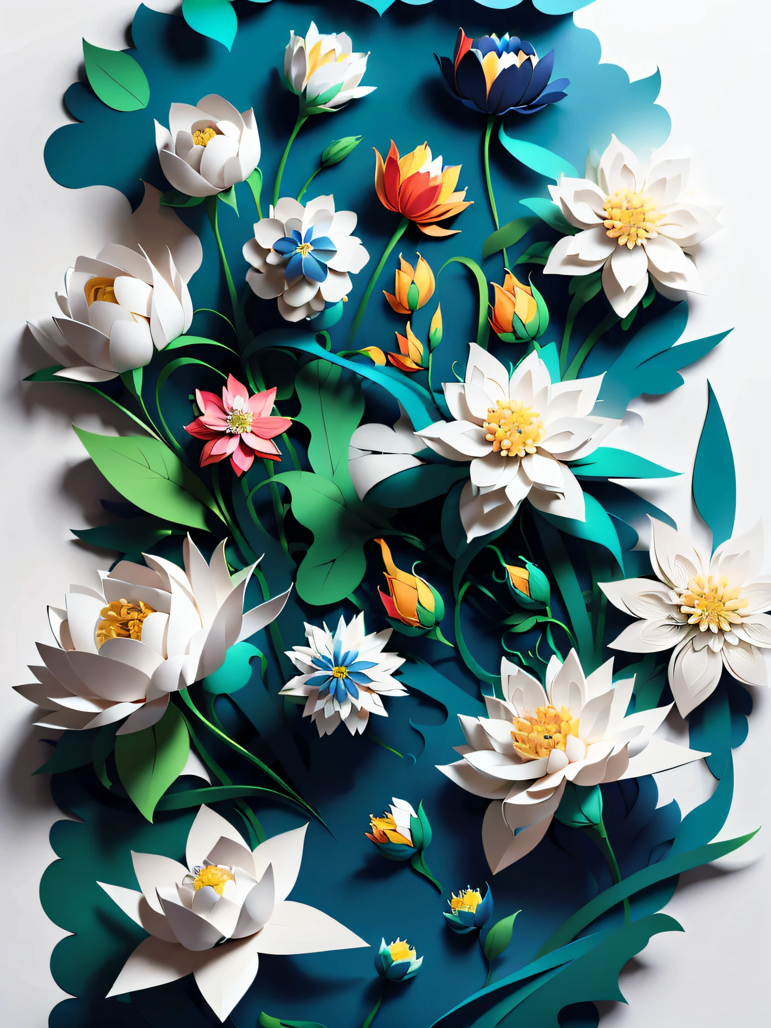 (((masterpiece))),best quality, illustration,beautiful detailed glow, flowers,white background, paper_cut,