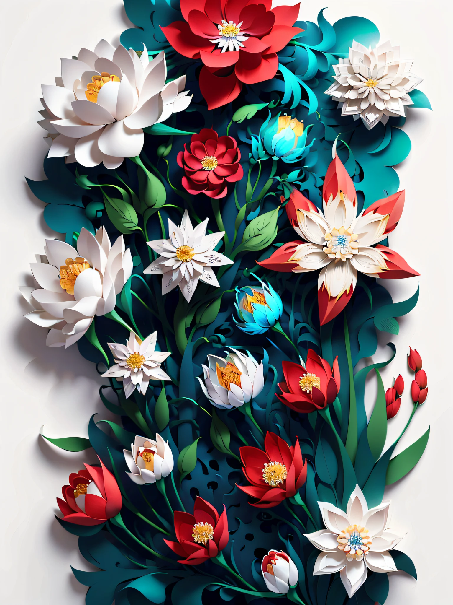 (((masterpiece))),best quality, illustration,beautiful detailed glow, flowers,white background, paper_cut,