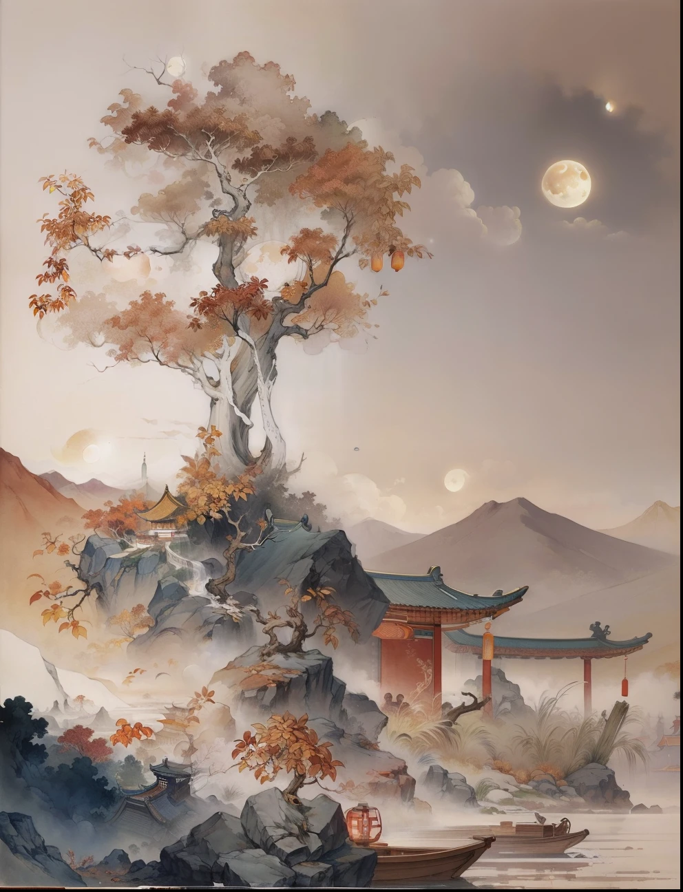 Ancient Chinese landscapes，Ancient buildings，Pavilions，Carved beams and paintings，enchanting scenery，Night，Moon light，Layered, Rich light and shadow,Mid-Autumn Festival, Ink painting style，clean color，Low-saturation colors，Colors of low brightness，Decisive cut，Leave white space，impressionistic，tmasterpiece，ultra - detailed，Epic composition,  HighestQuali，hyper realisitc，Art germ --v 6