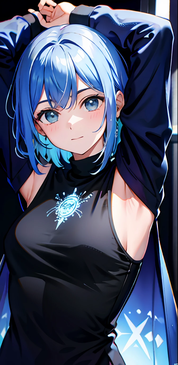 fondo detallado, obra maestra, mejor calidad, sonrisa, adorno, grandes senos y gran trasero, sudadera con capucha, What you notice the breasts above the sweatshirt, retrato, blue neon, graffiti, oscuro, noche, ojos brillantes, luz negra, presenting armpit, nipples, arm up, armpits, clothes flipped