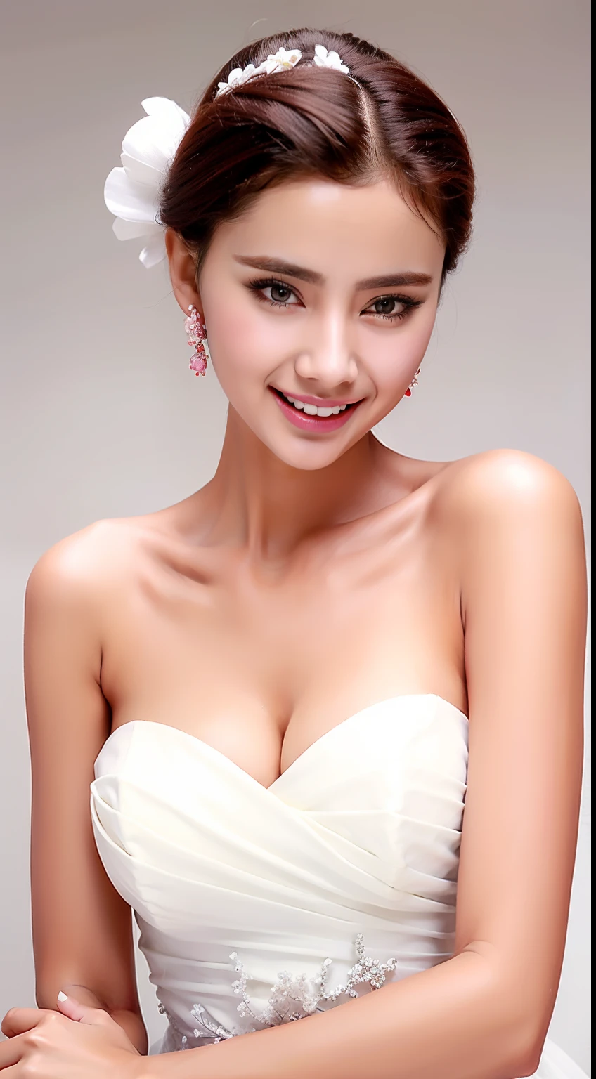Fashion model 18 years old [[[[closeup cleavage]]]], [[[[boobgasm]]]], [[[[coll]]]], [[[[bshoulders]]]], perfect  eyes, Perfect iris，perfect lips，perfect teeth，Perfect skin，Long face，Soft front light，HDR，red attire，white apparel，White or pink flowers on the background，（pastel colour：1.2）