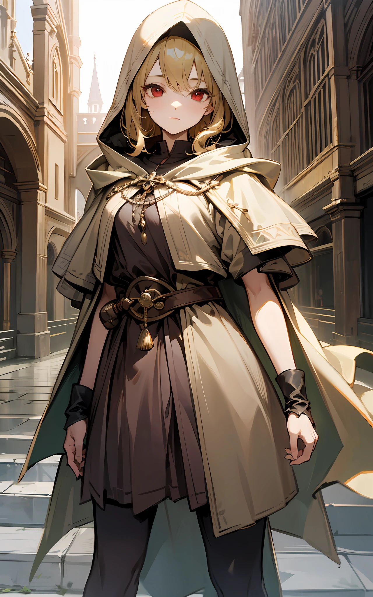 top-quality、hight resolution、detaileds、Beautiful blonde girl in grey hood、Lightly dressed passers-by、red eyes、(Medieval fantasy worldview)、