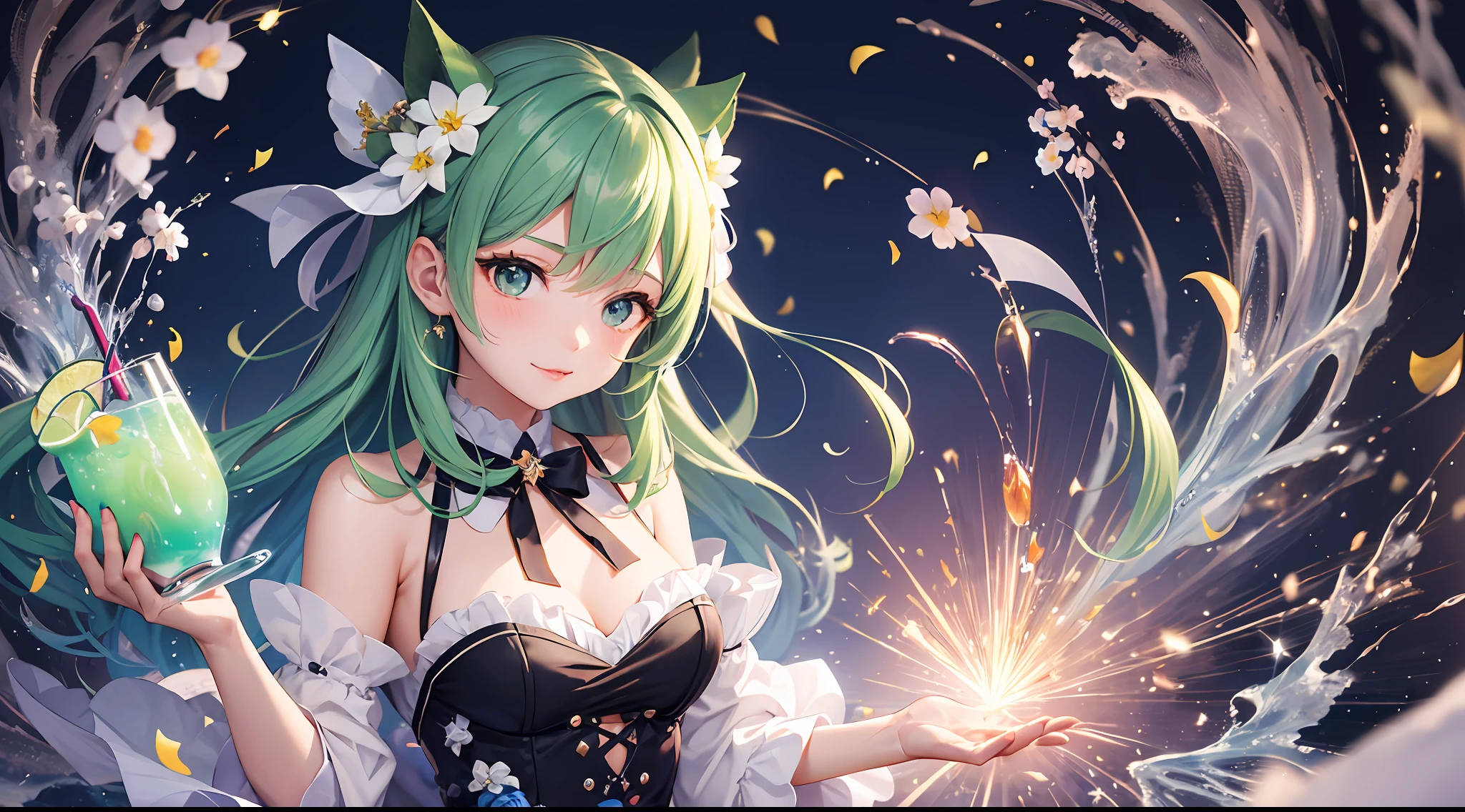 A kawaii girl is pouring a cocktail with a flourish, petals of blue and green cascading around her as she creates a dazzling display.